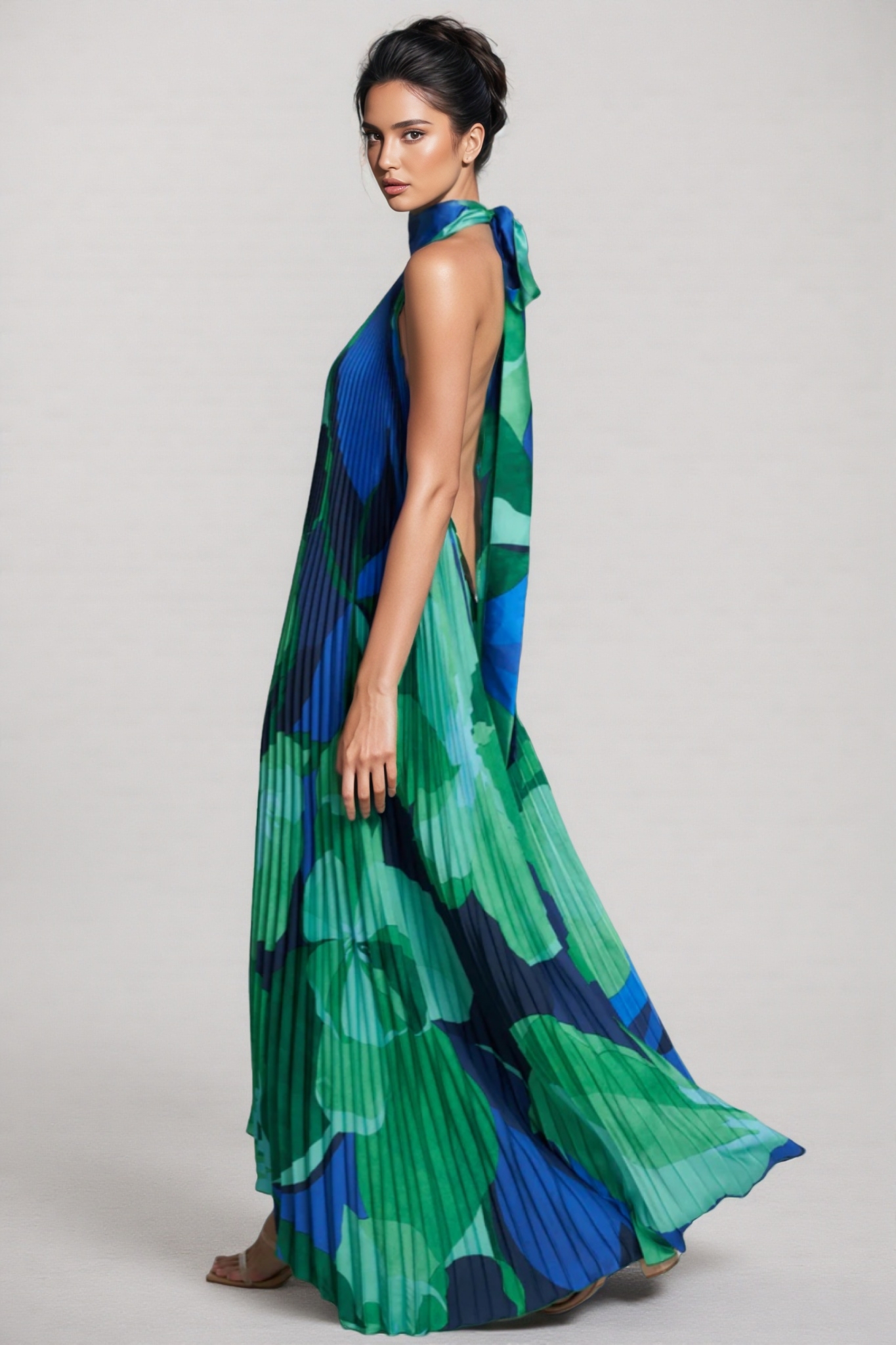 Cami Irregularly Pleated Printed Maxi Dress-Green