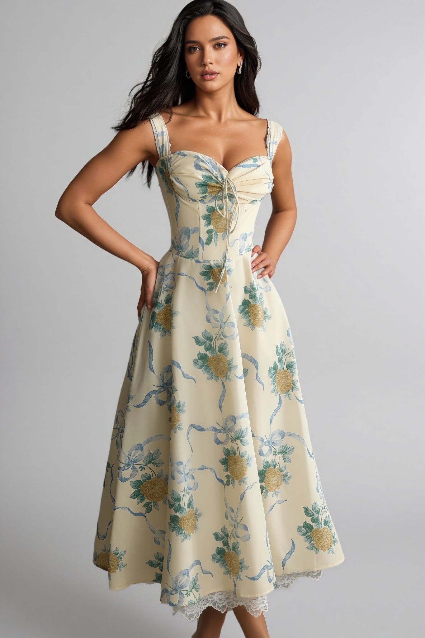 Caelu Floral Print Sweetheart Midi Dress