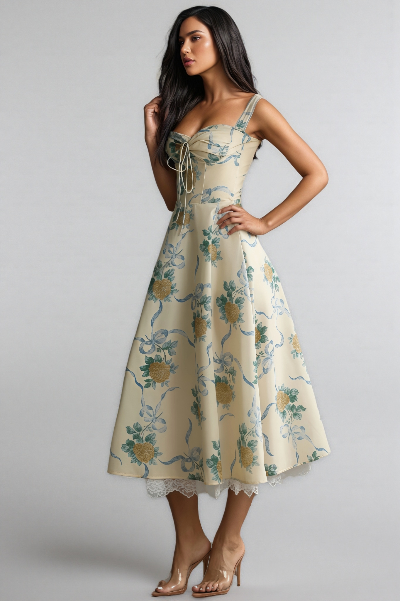 Caelu Floral Print Sweetheart Midi Dress