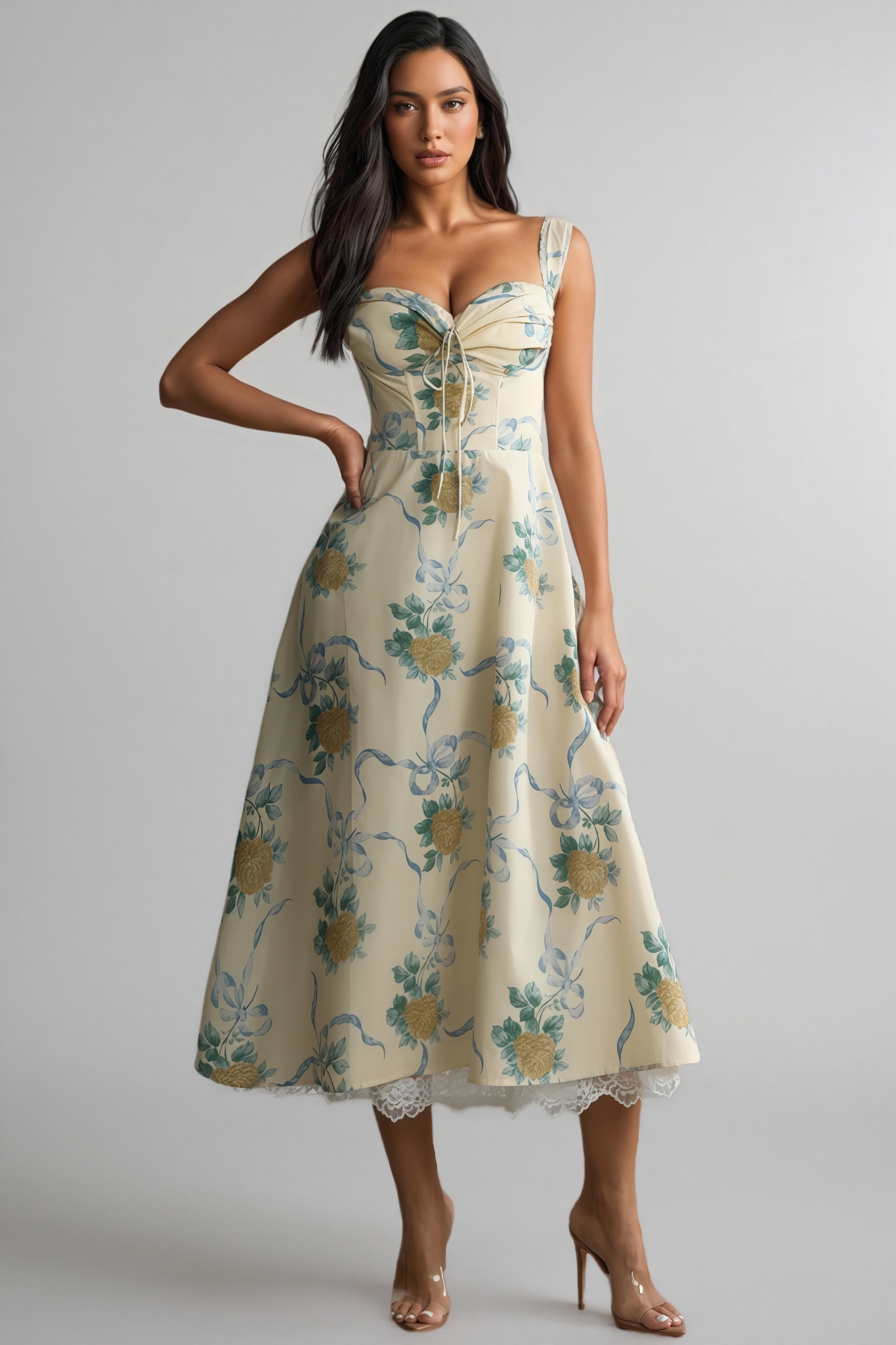 Caelu Floral Print Sweetheart Midi Dress