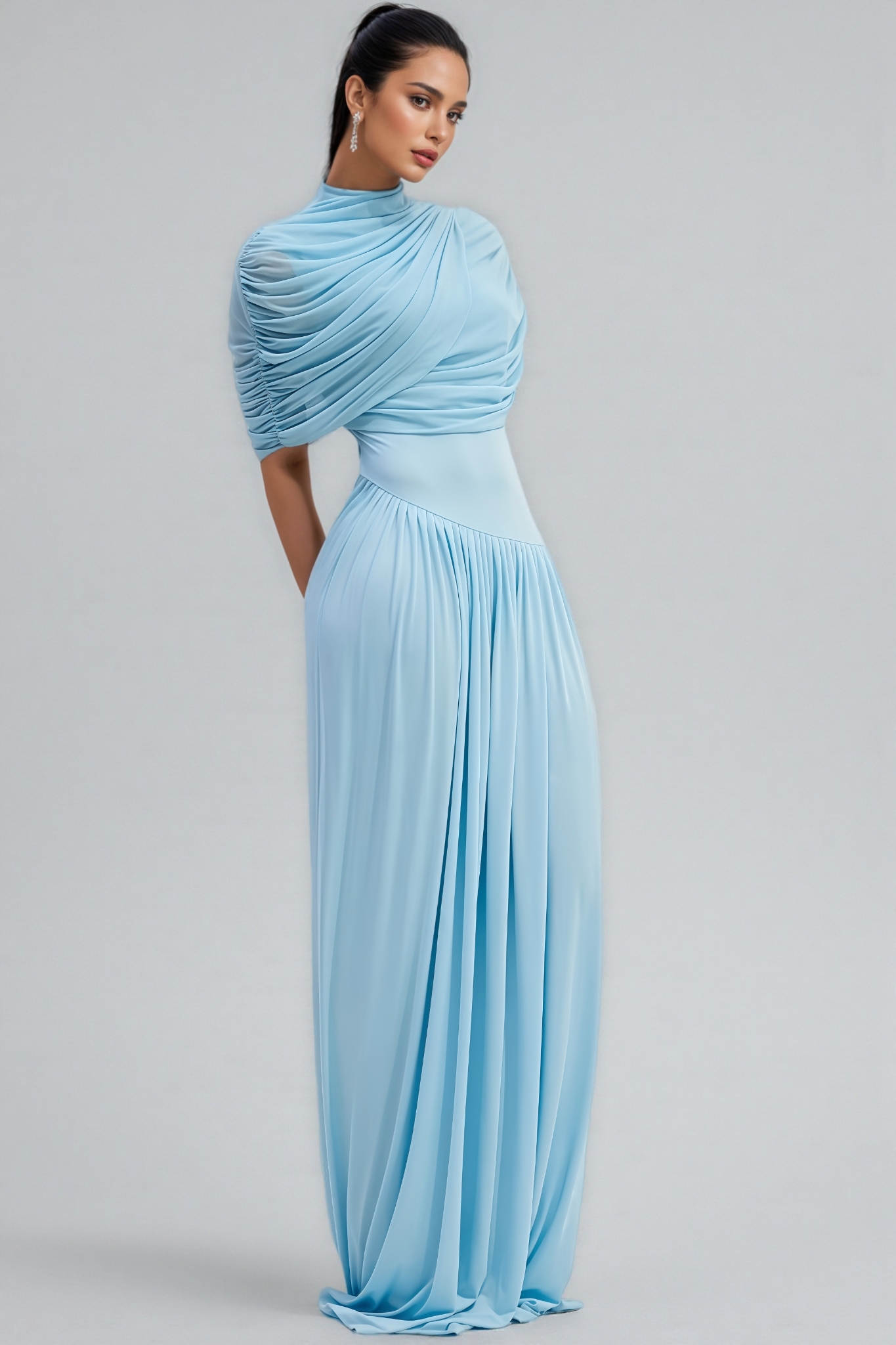 Vailtry Blue Shawl-Style Pleated Maxi Dress