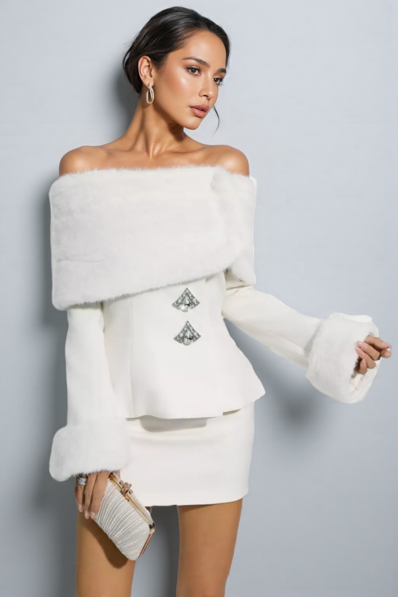 Irene Furry Coat Mini Dress Two-Piece Set