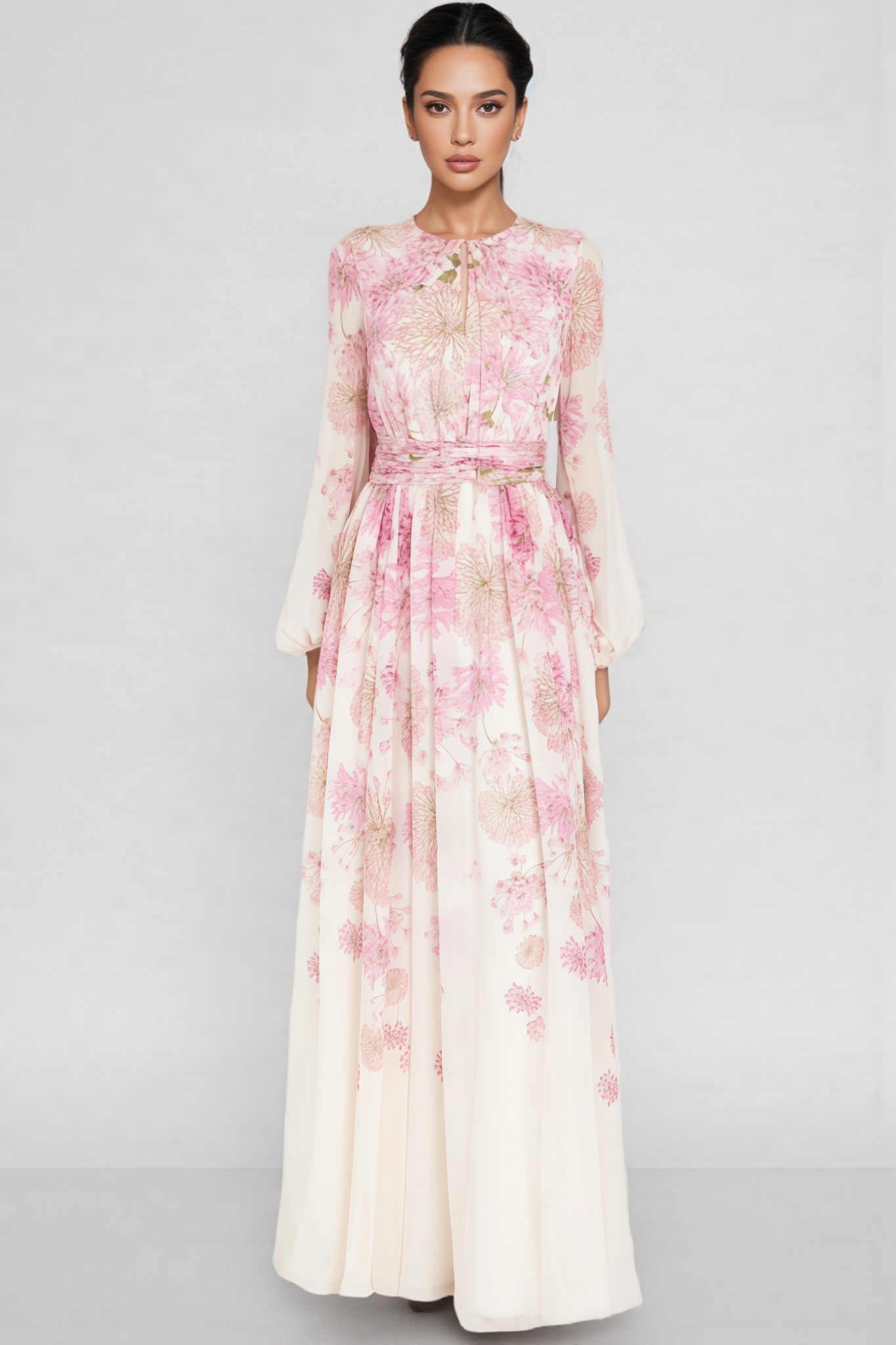 Aisly Print Round Neck Puff Sleeve Maxi Dress