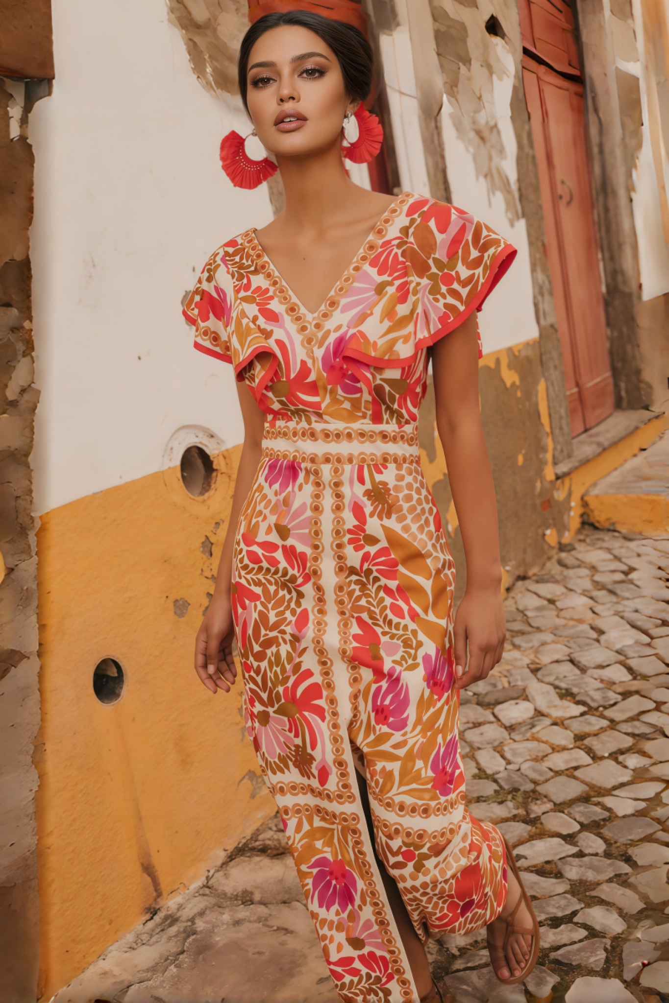 Zane Floral V-Neck Split Backless Midi Dress