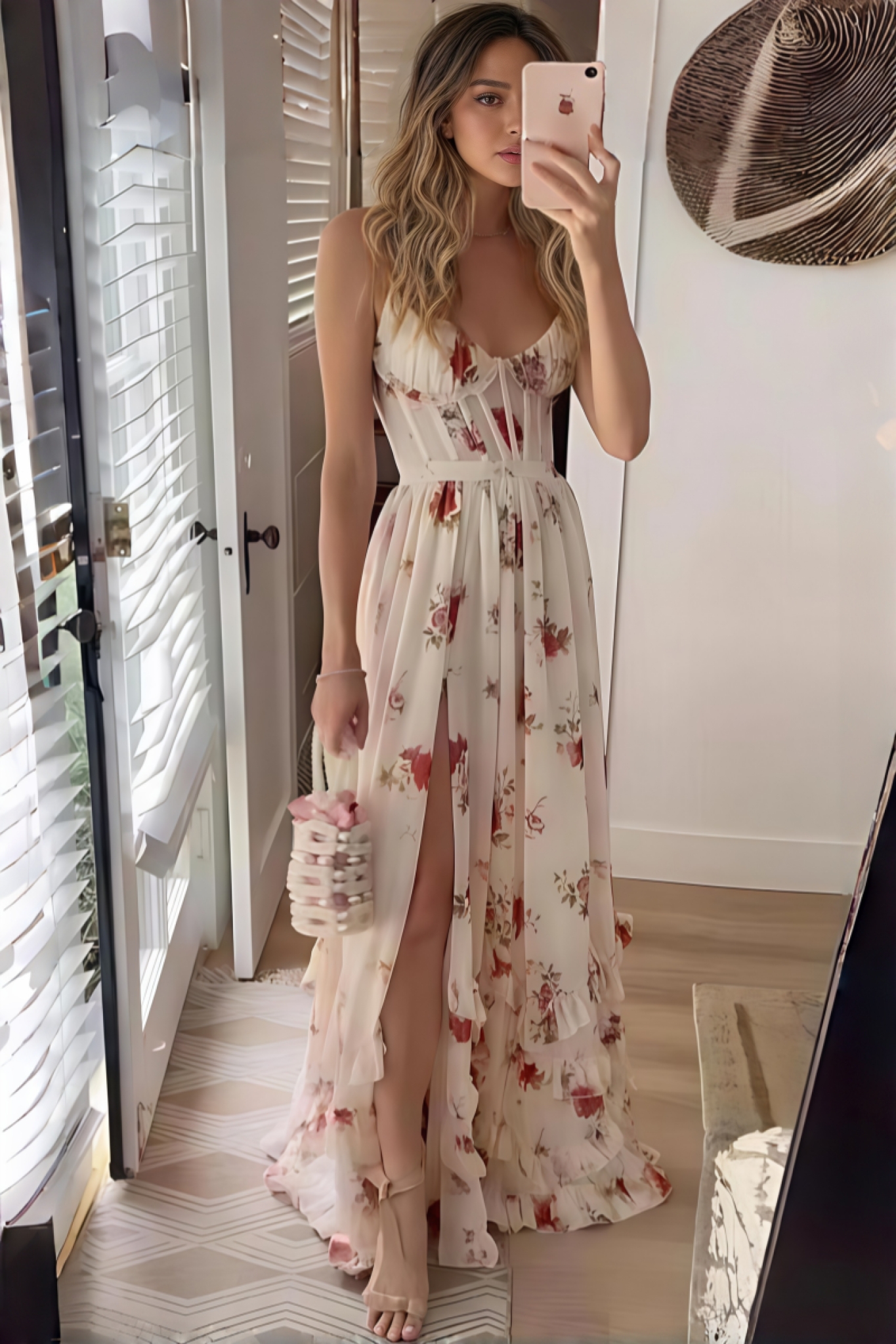 Candi Floral Sweetheart Neck Split Midi Dress