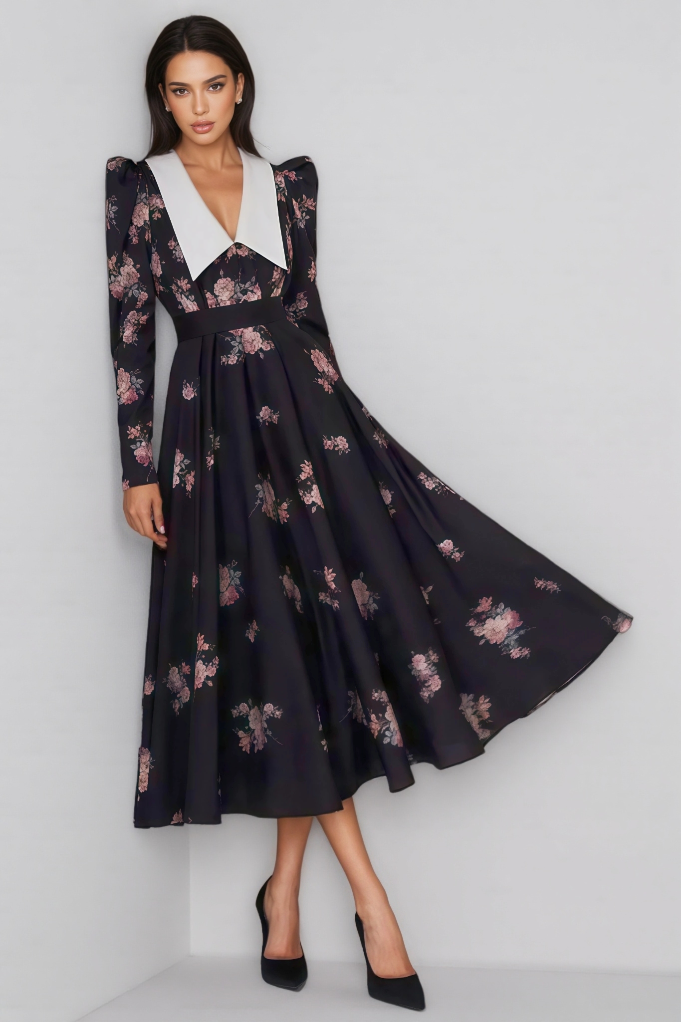 Eamon Floral Contrast Collar Puff Sleeve Midi Dress