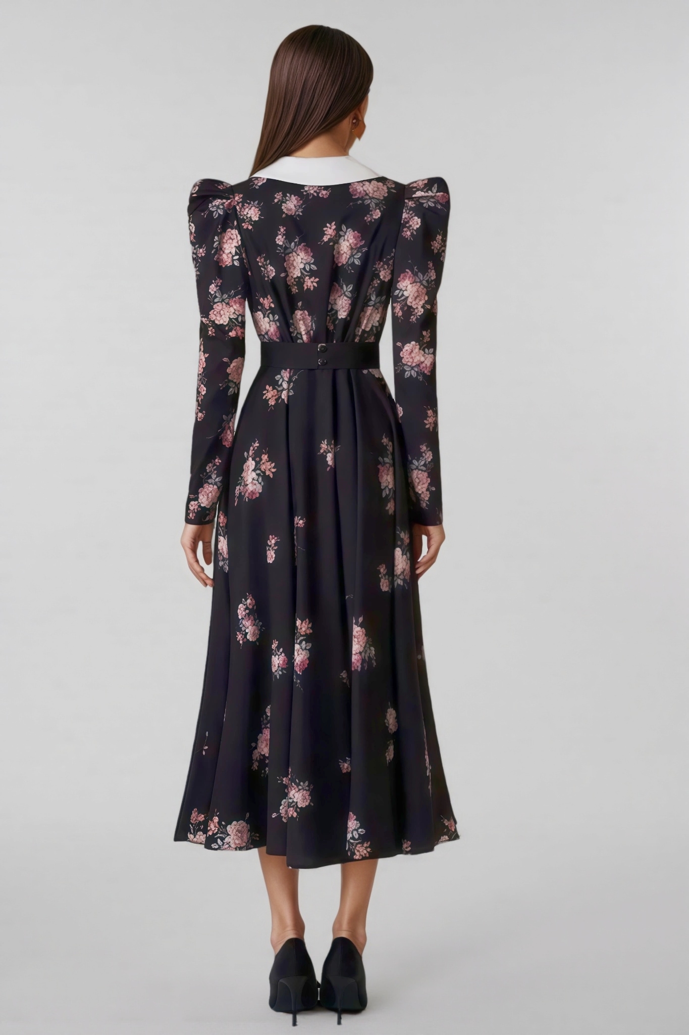 Eamon Floral Contrast Collar Puff Sleeve Midi Dress