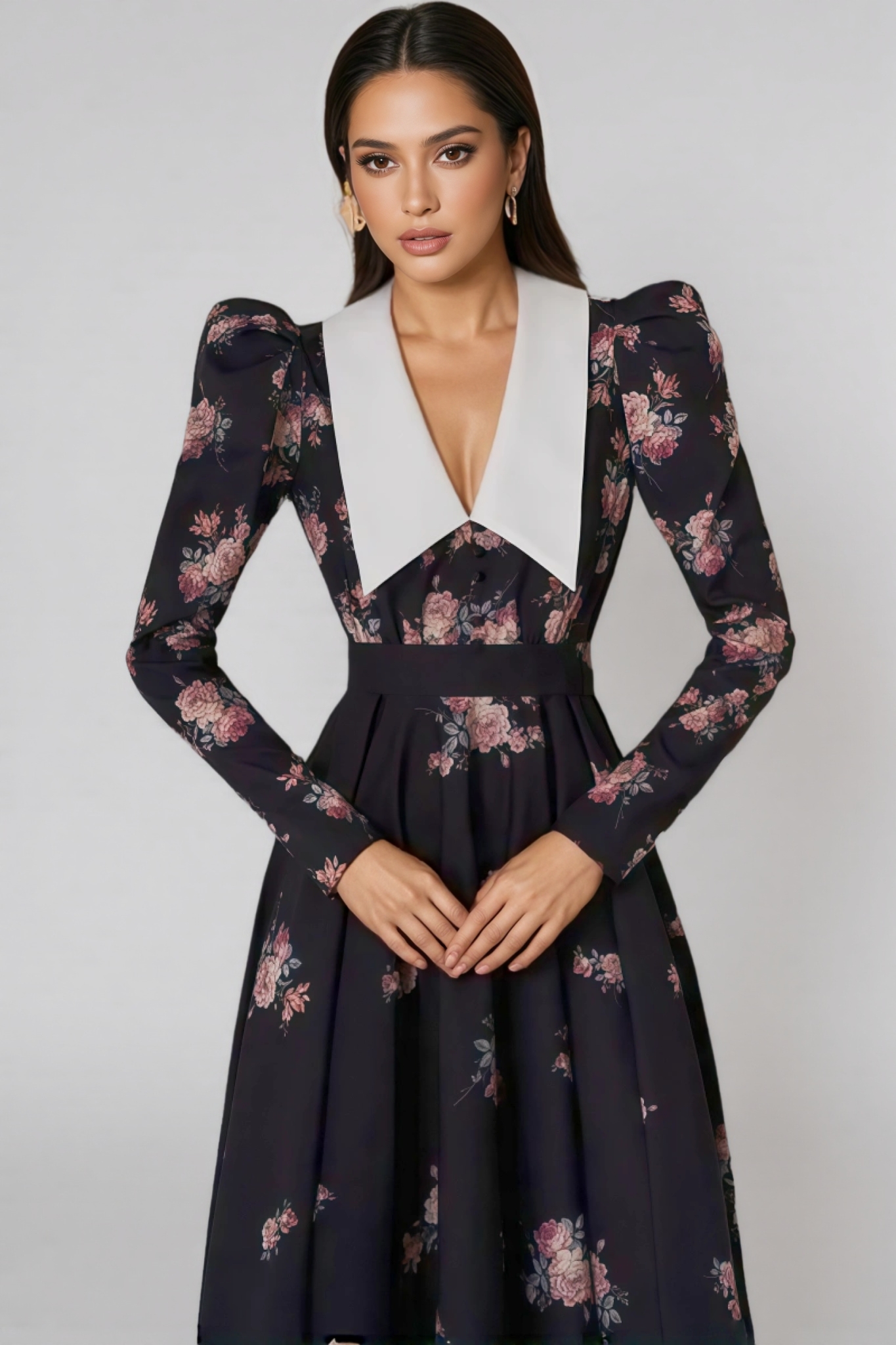 Eamon Floral Contrast Collar Puff Sleeve Midi Dress