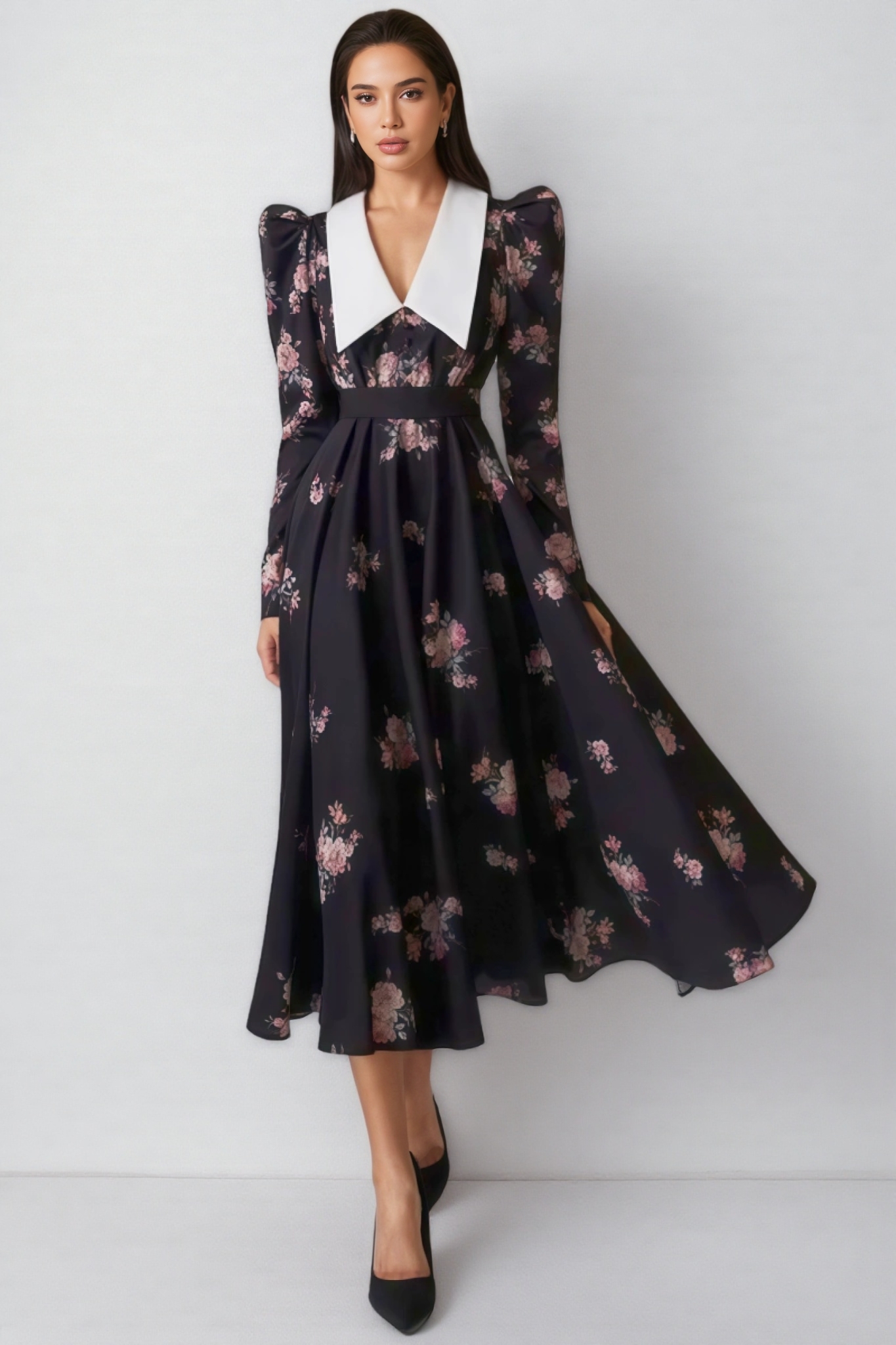 Eamon Floral Contrast Collar Puff Sleeve Midi Dress