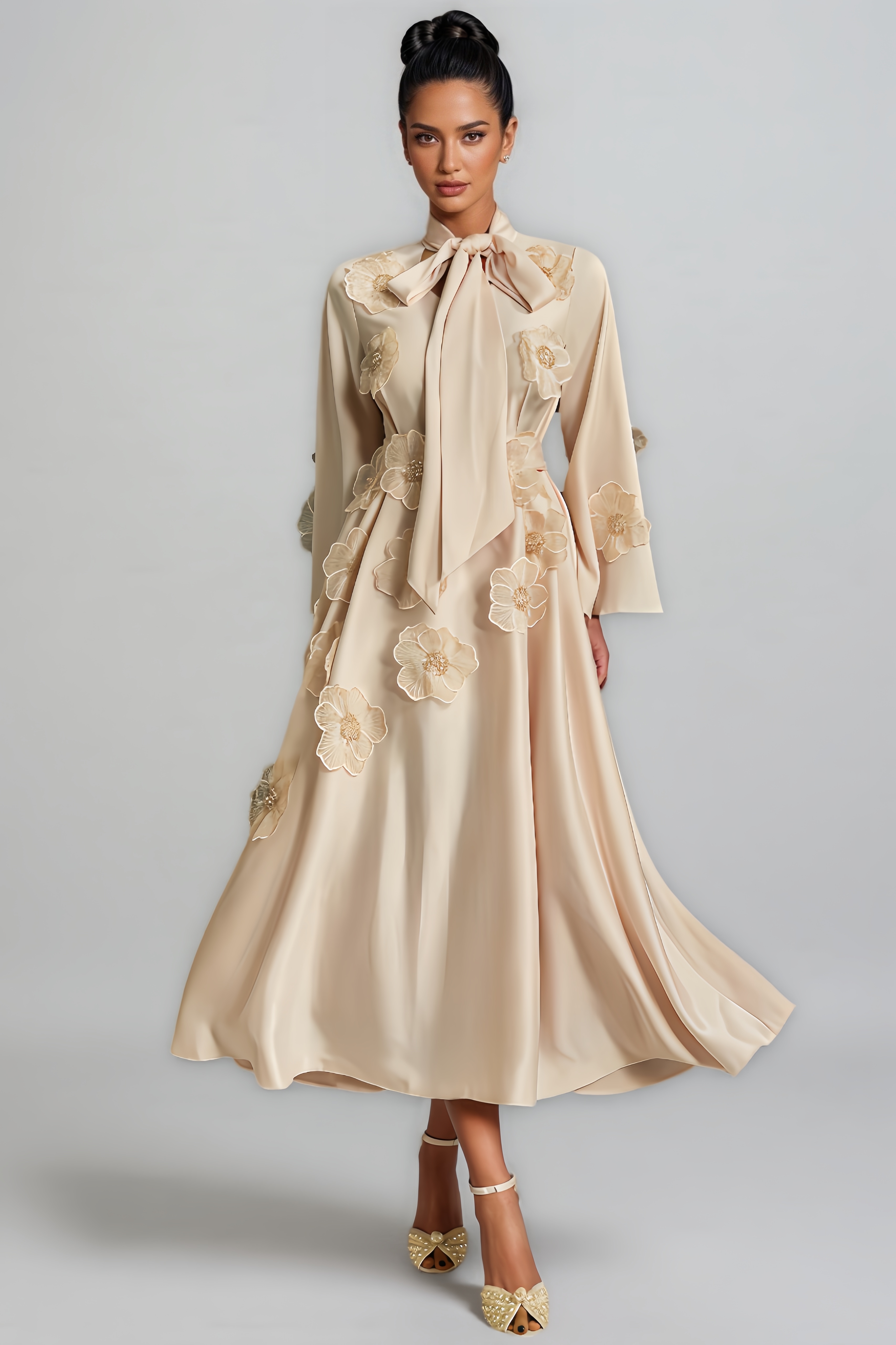 Idalia Tie Up Flower Satin Maxi Dress