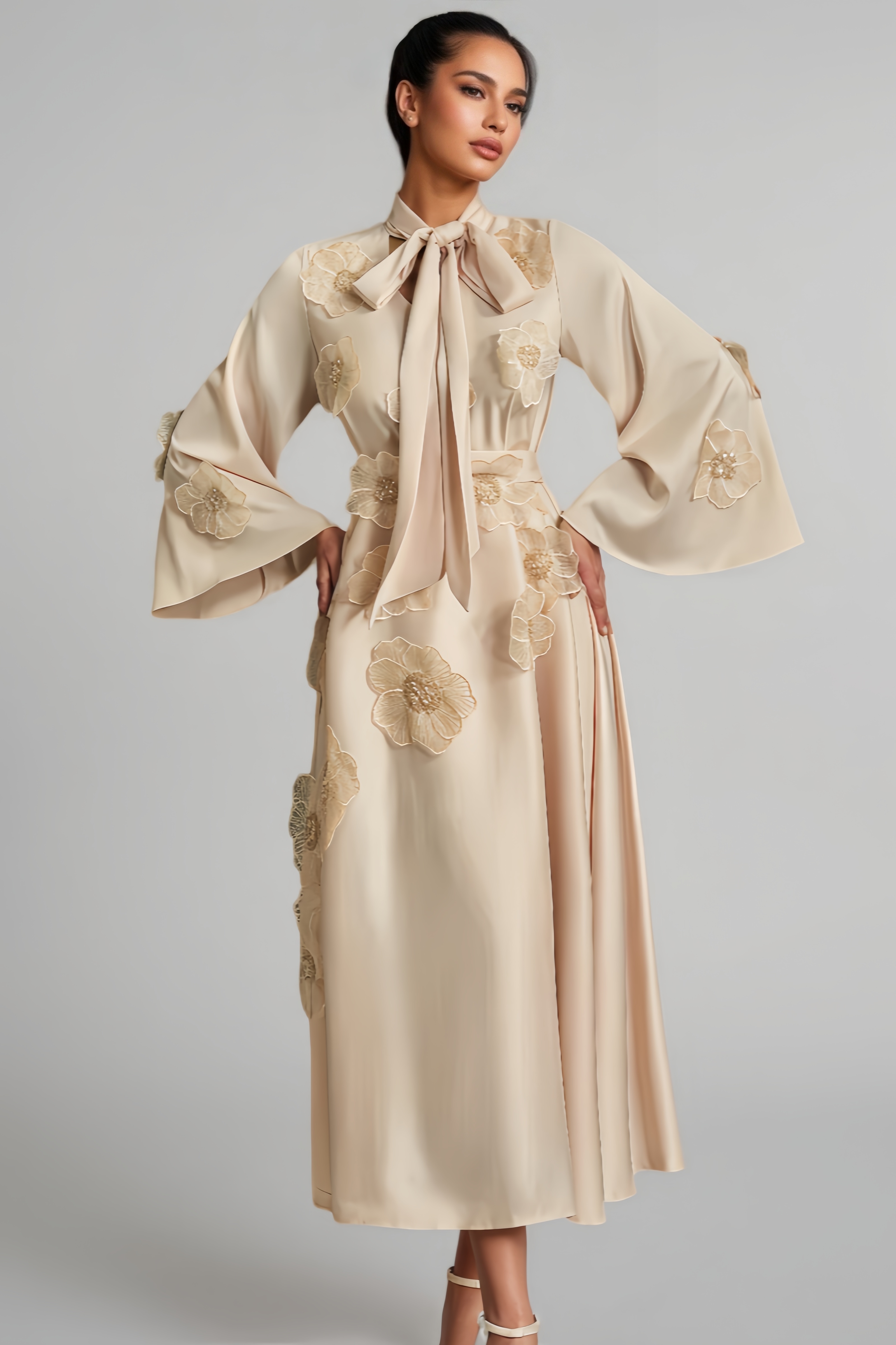Idalia Tie Up Flower Satin Maxi Dress