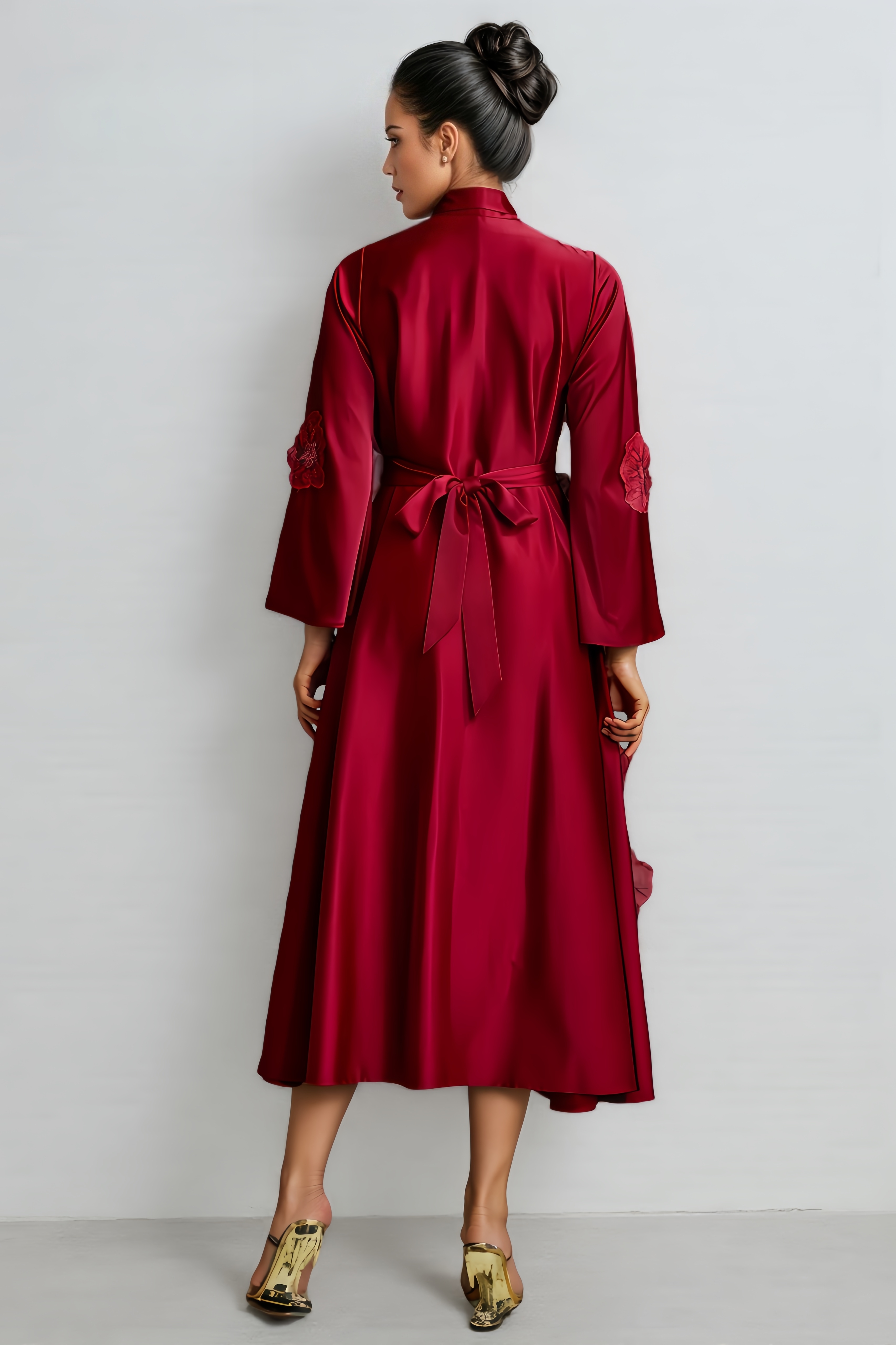 Serene Tie Up Flower Satin Midi Dress