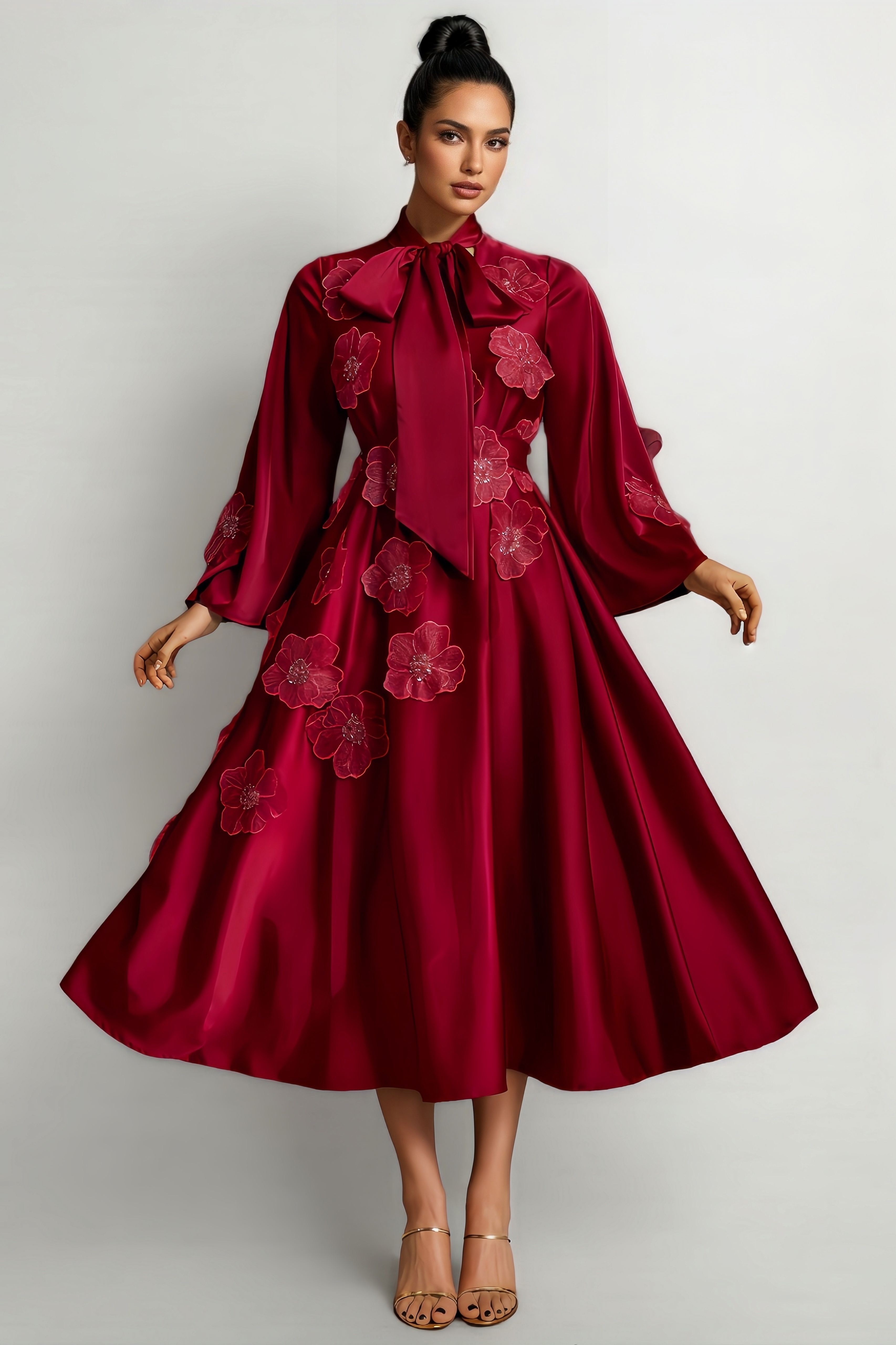 Serene Tie Up Flower Satin Midi Dress