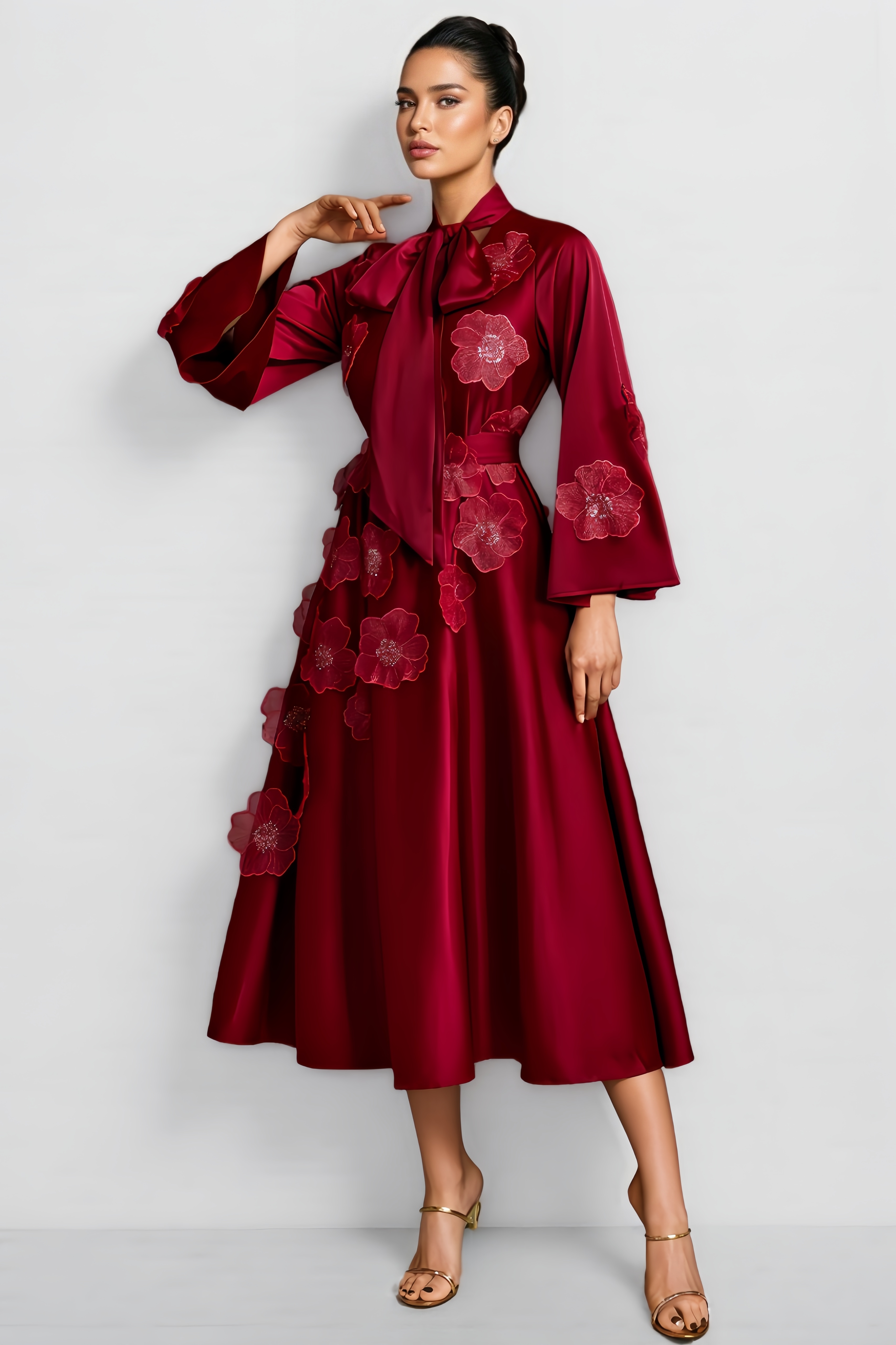 Serene Tie Up Flower Satin Midi Dress