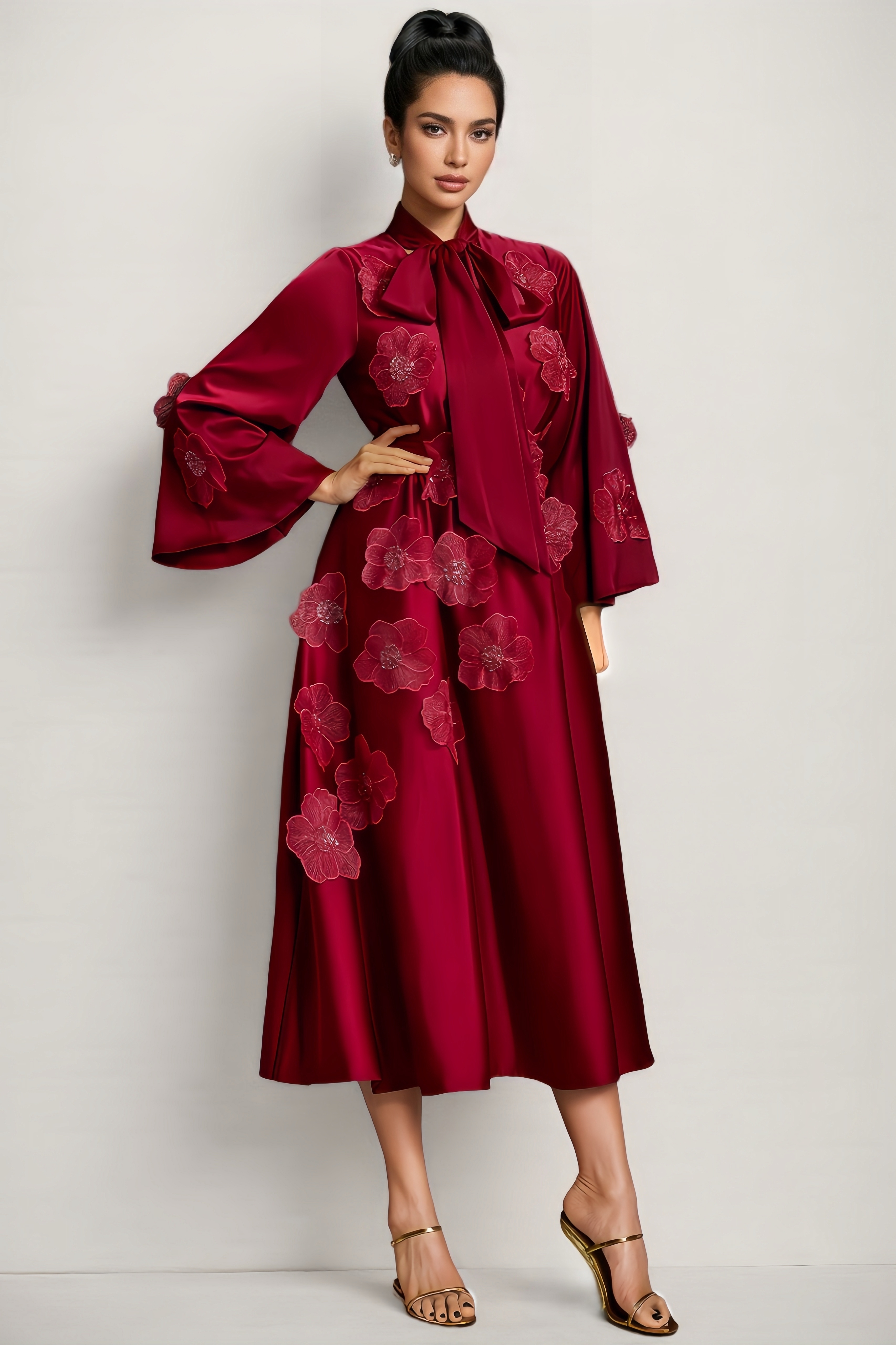 Serene Tie Up Flower Satin Midi Dress