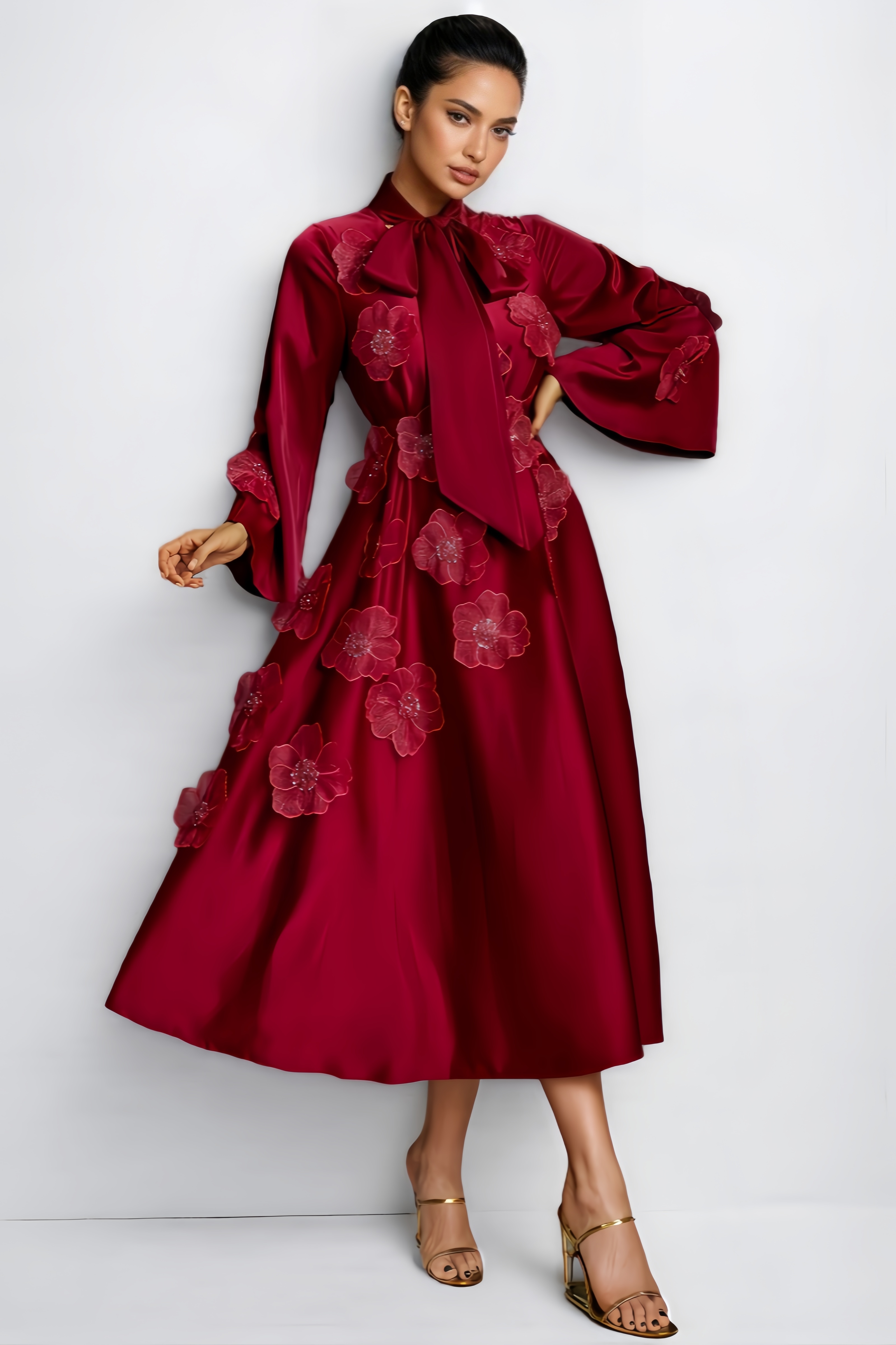 Serene Tie Up Flower Satin Midi Dress