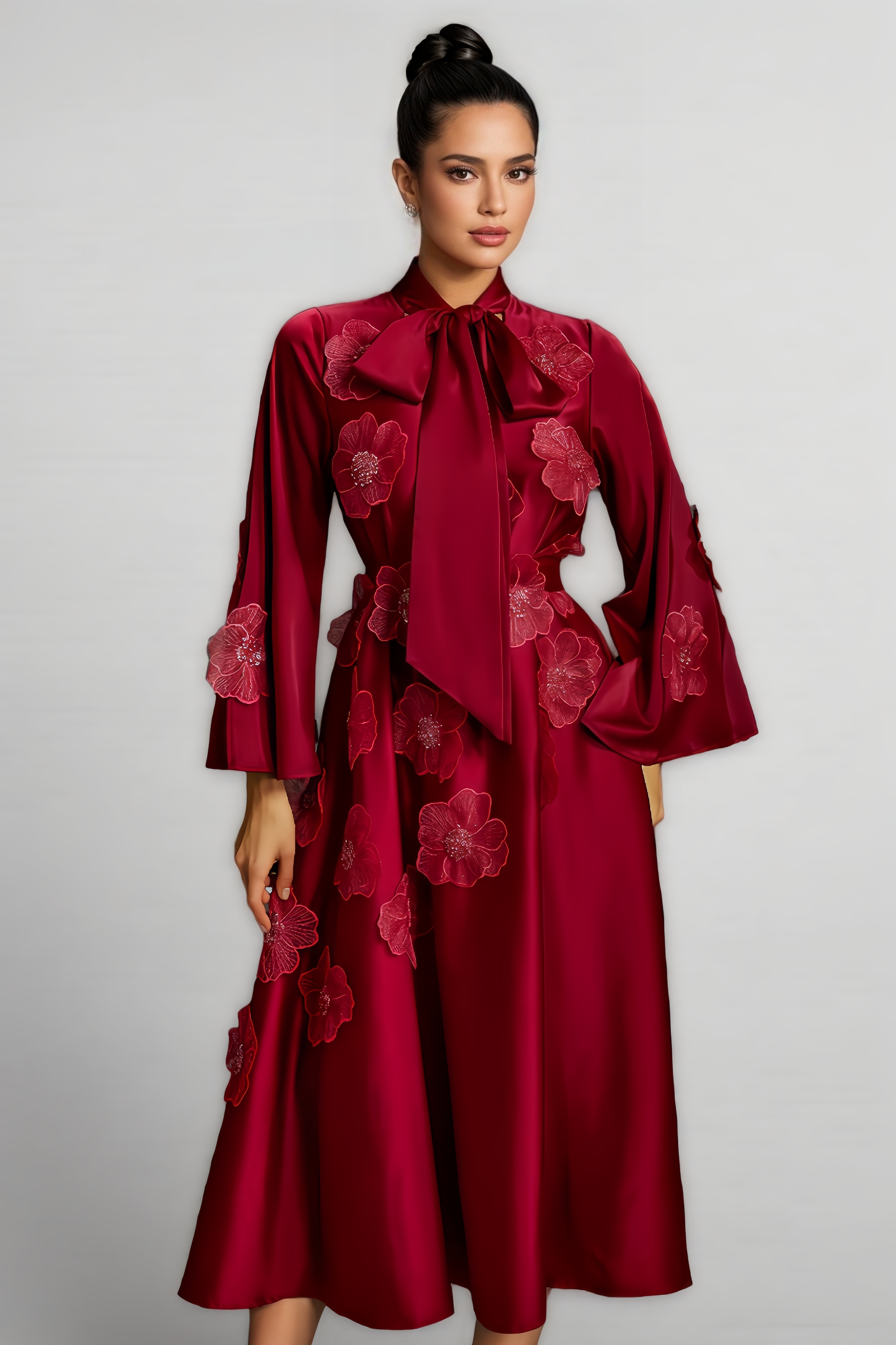 Serene Tie Up Flower Satin Midi Dress