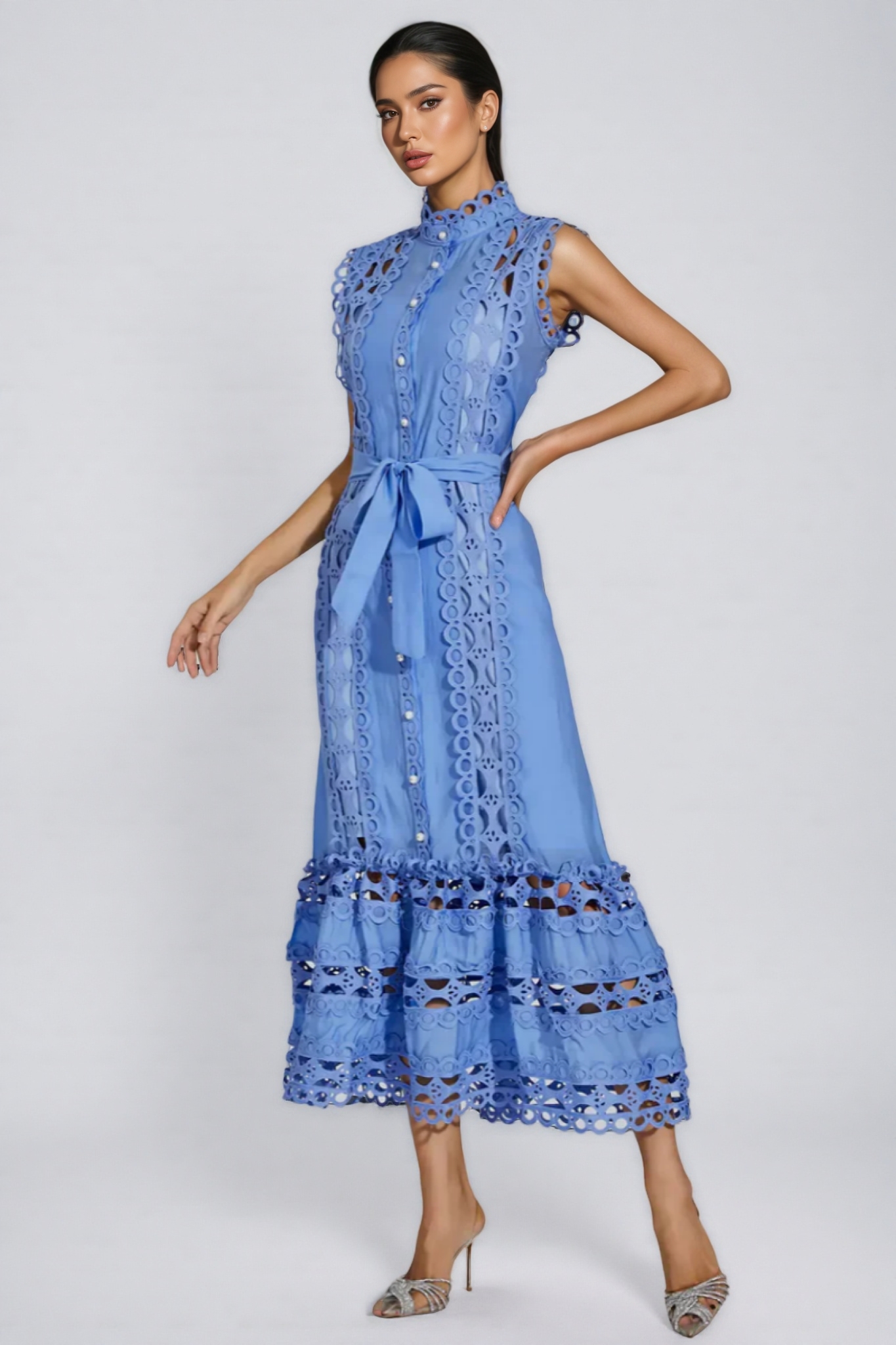 Mellies Blue Sleeveless Hollow Maxi Dress