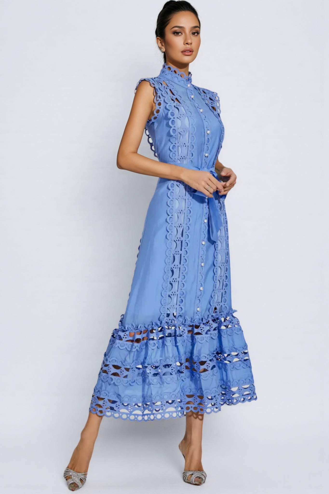 Mellies Blue Sleeveless Hollow Maxi Dress