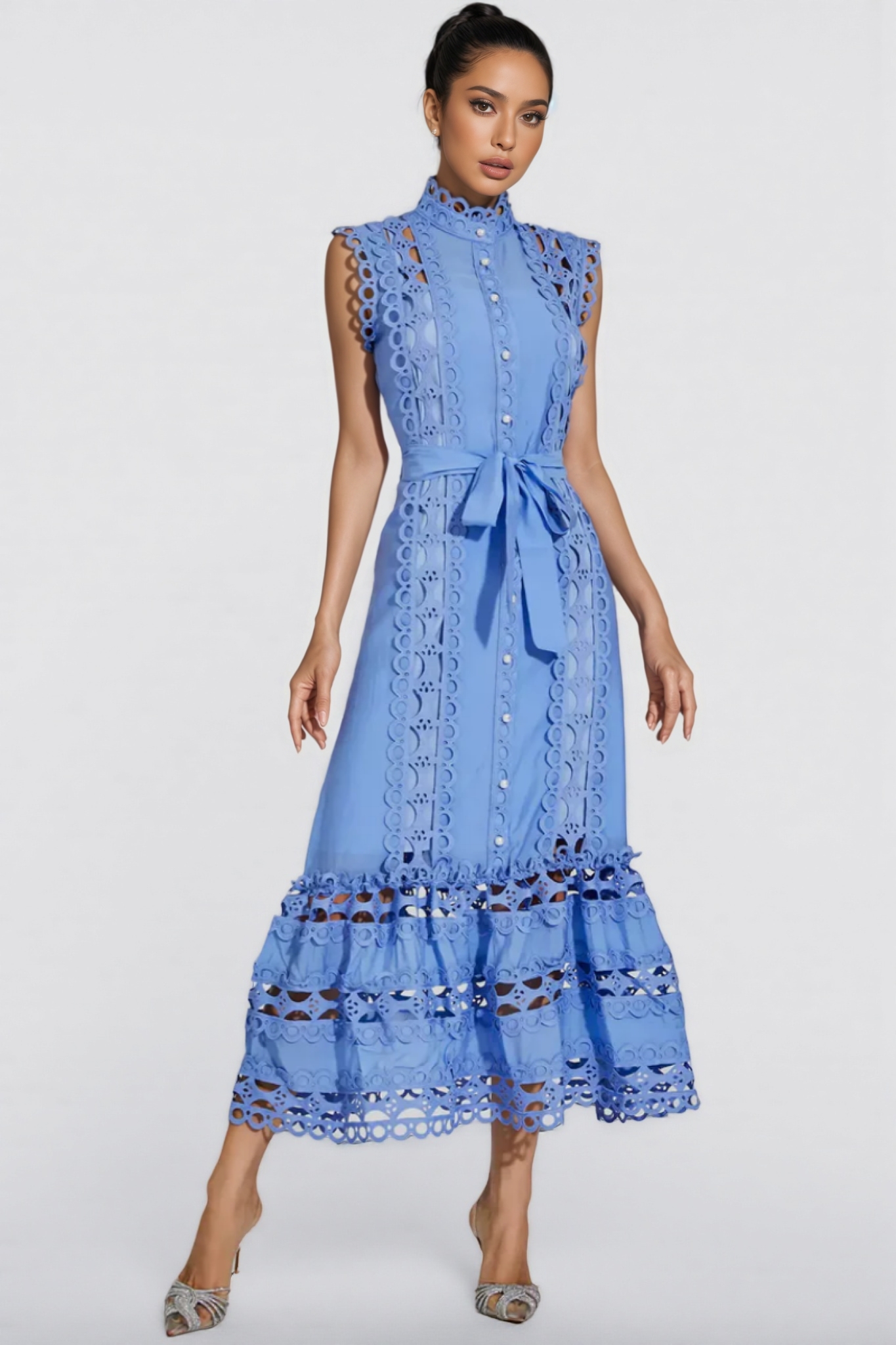 Mellies Blue Sleeveless Hollow Maxi Dress
