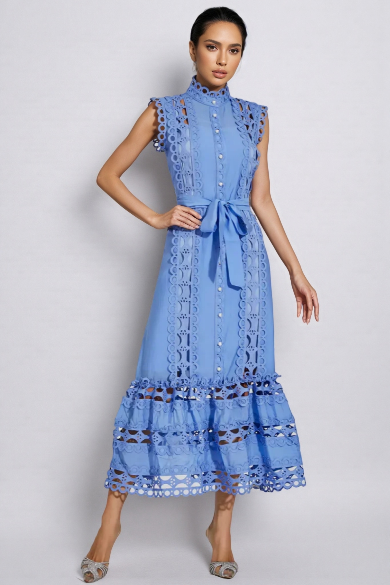 Mellies Blue Sleeveless Hollow Maxi Dress