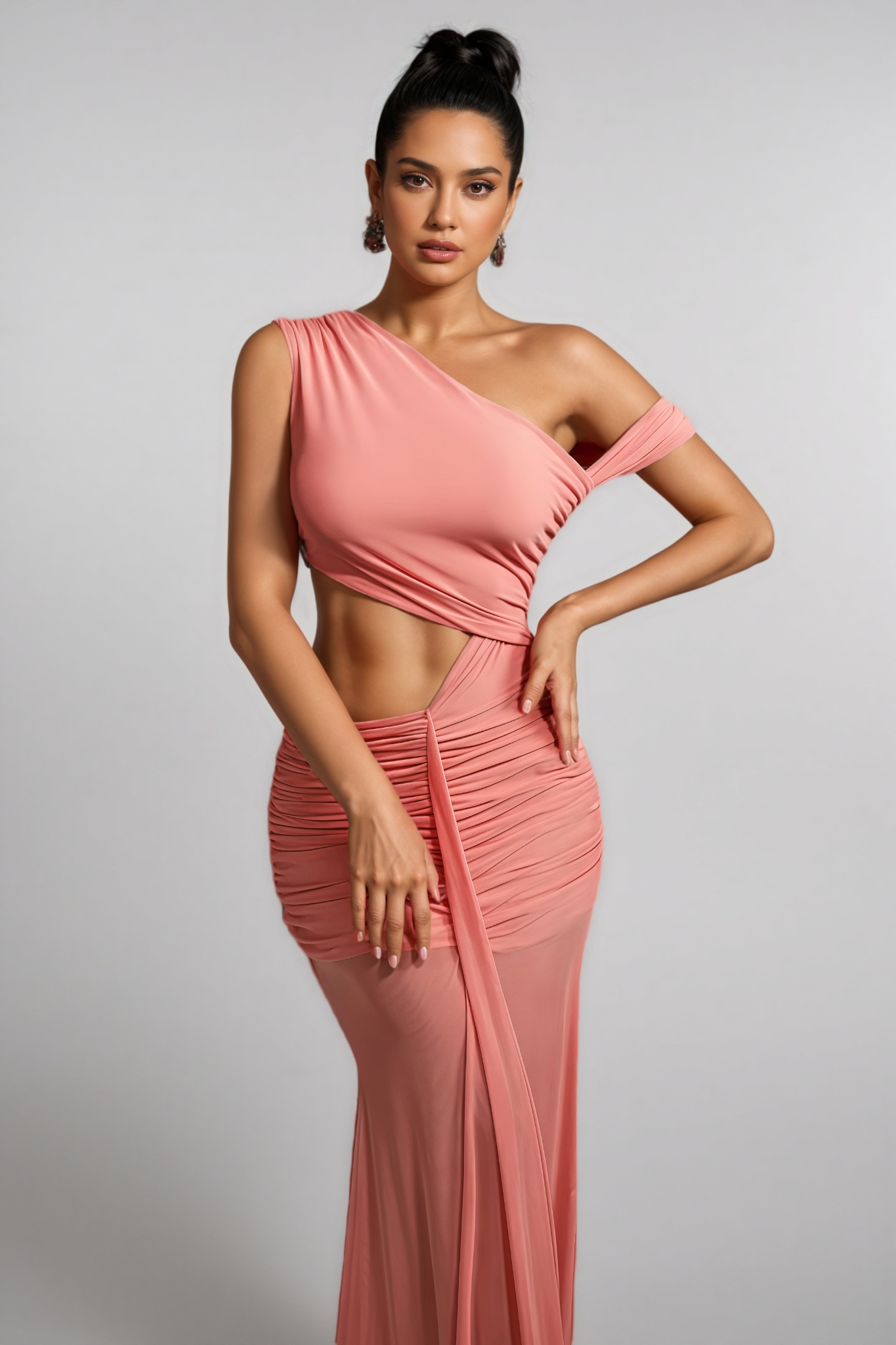 Orielrt Cutout Ruched Mesh Maxi Dress