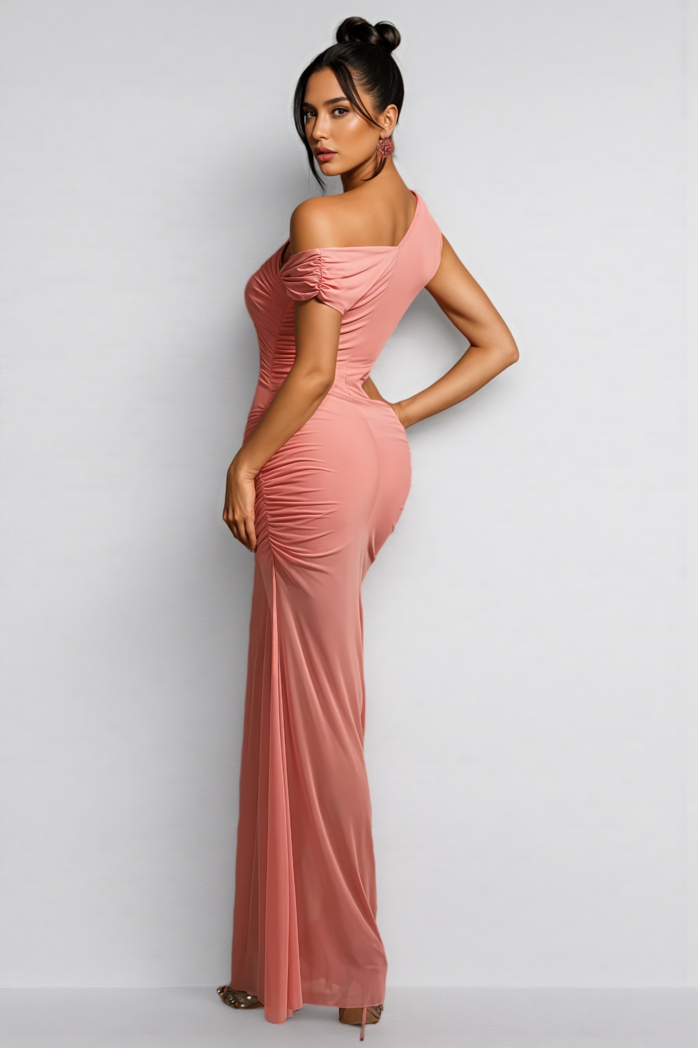 Orielrt Cutout Ruched Mesh Maxi Dress