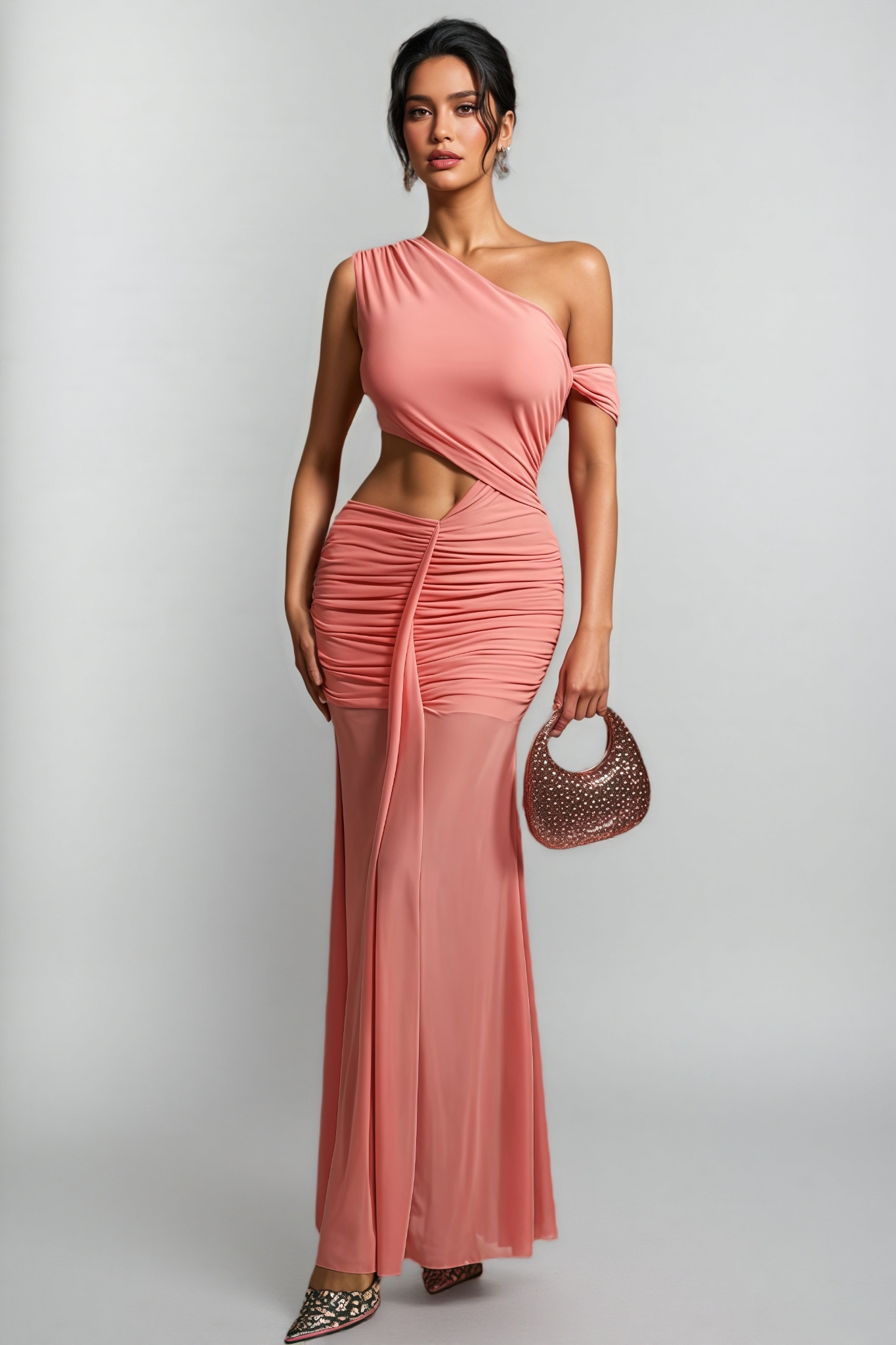 Orielrt Cutout Ruched Mesh Maxi Dress