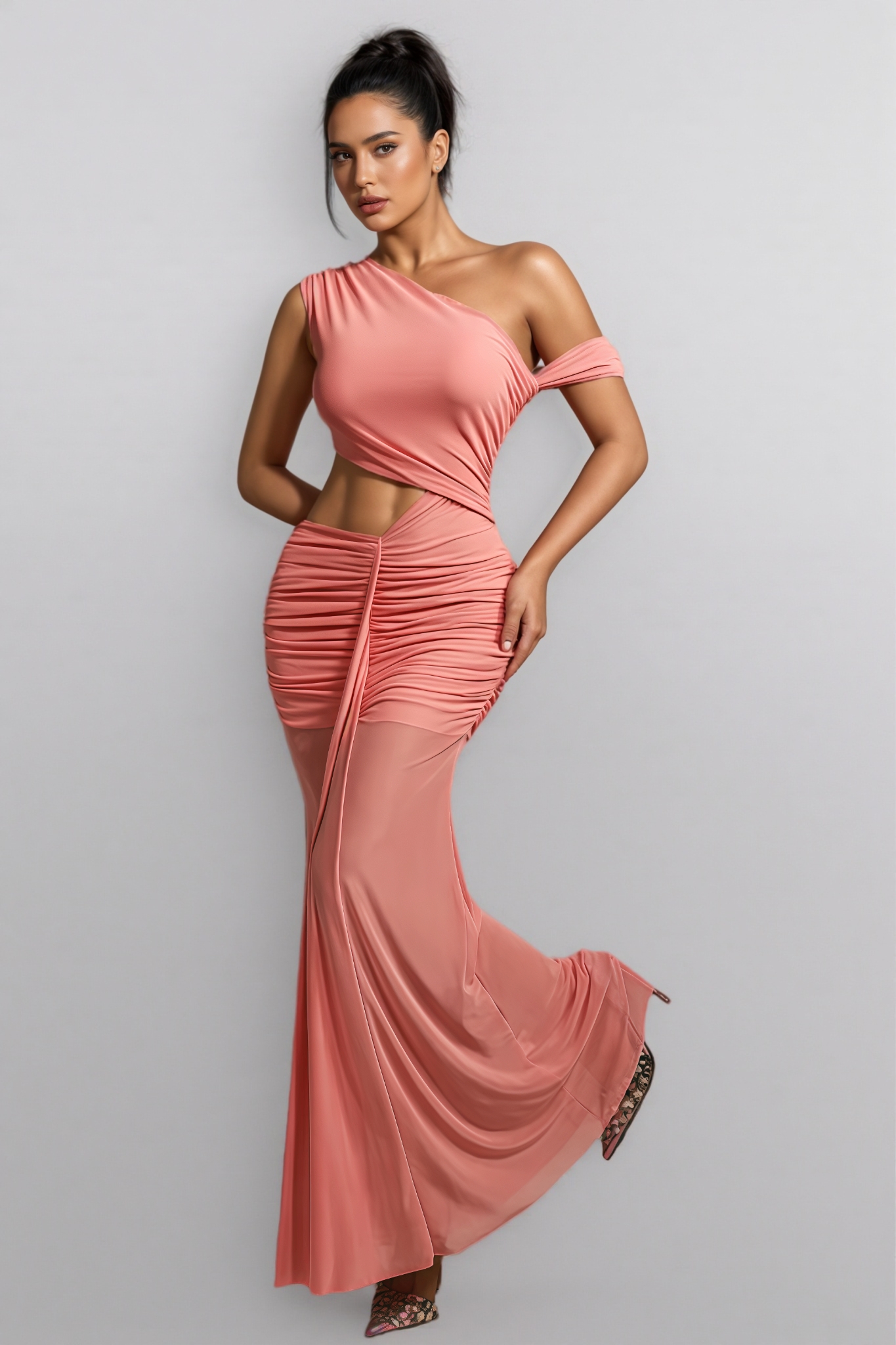 Orielrt Cutout Ruched Mesh Maxi Dress