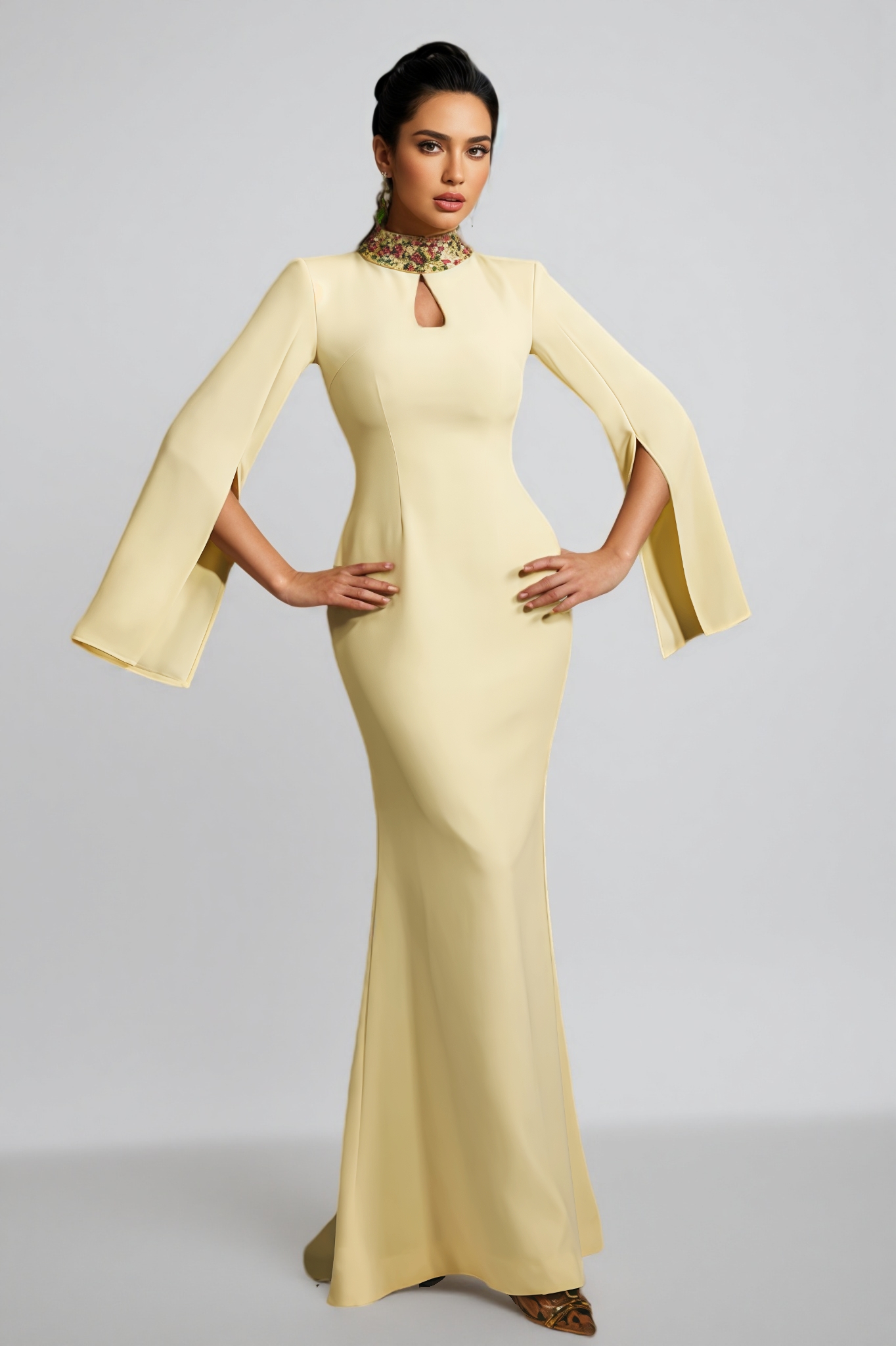 Linned Yellow Cape Sleeve Cutout Maxi Dress