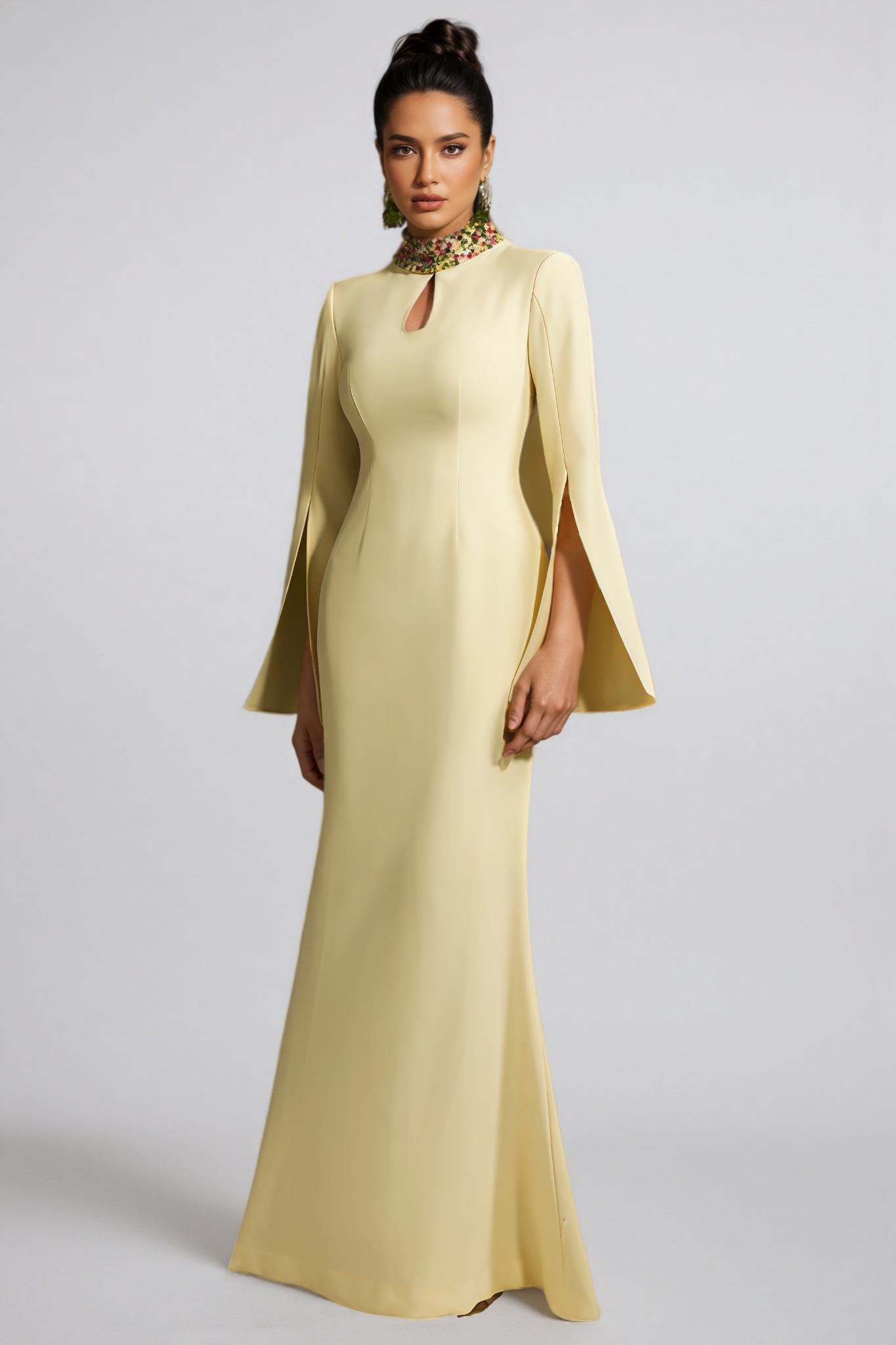 Linned Yellow Cape Sleeve Cutout Maxi Dress