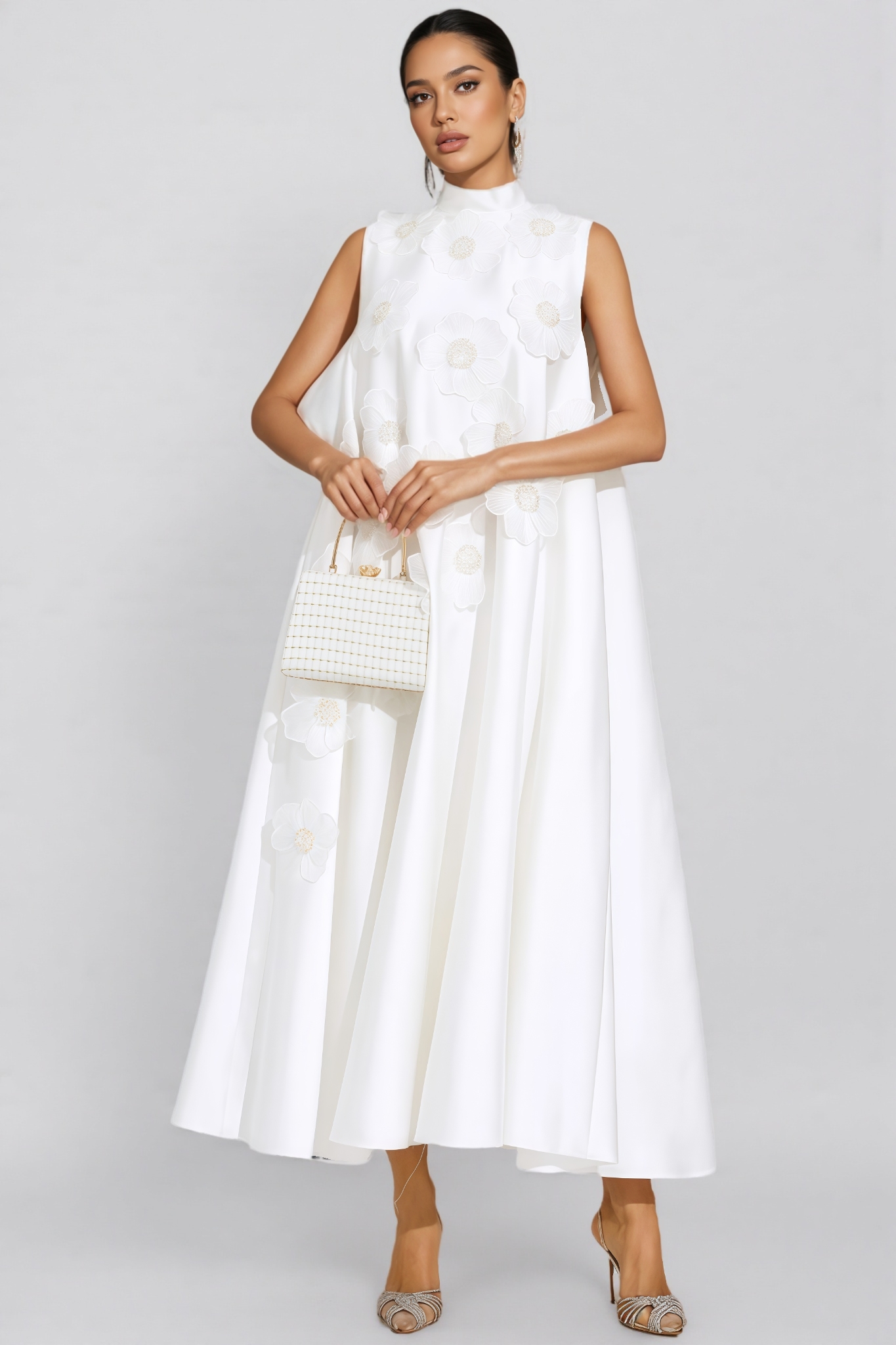 Jaxsty White Flowers Sleeveless Maxi Dress