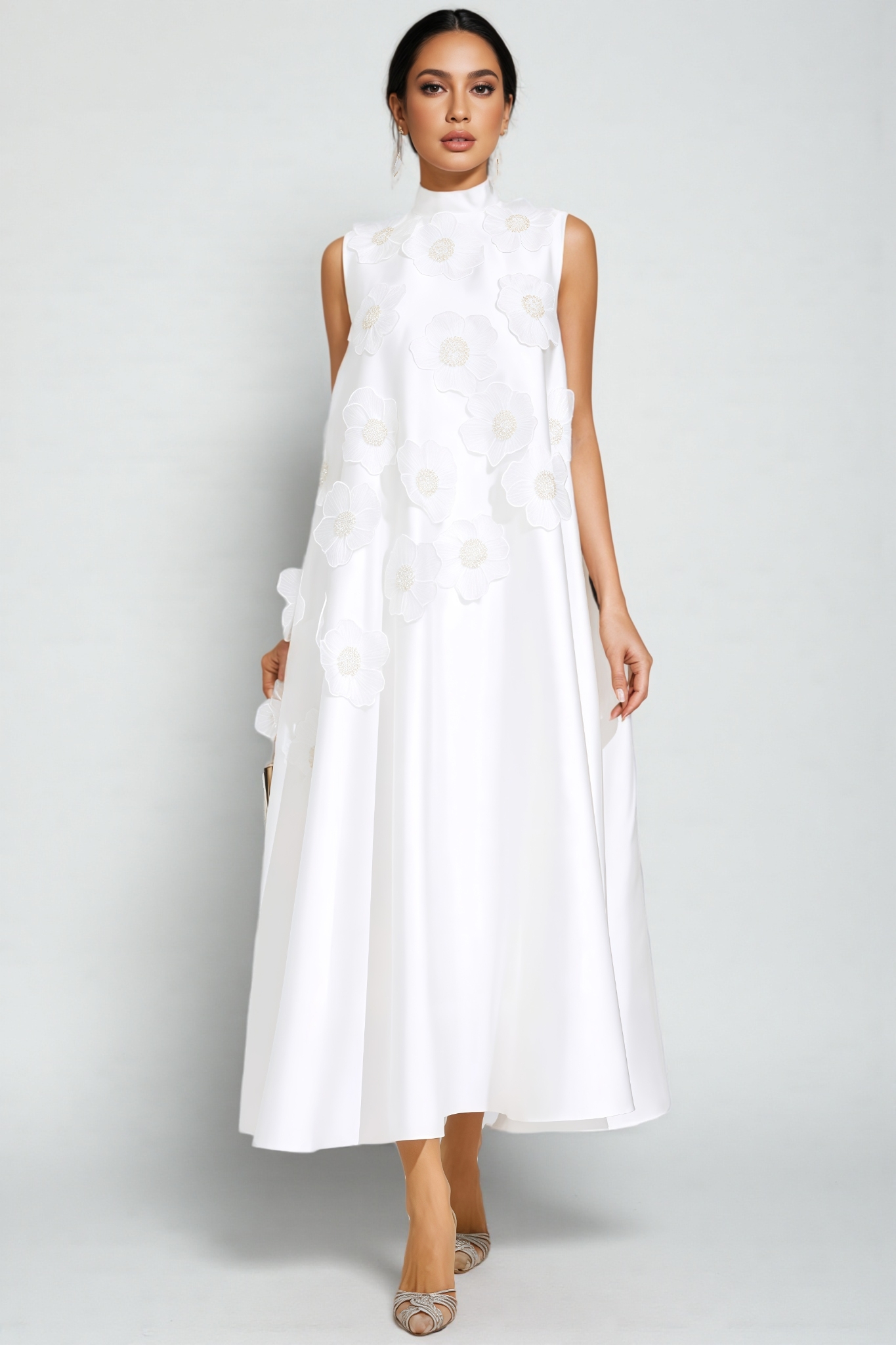 Jaxsty White Flowers Sleeveless Maxi Dress
