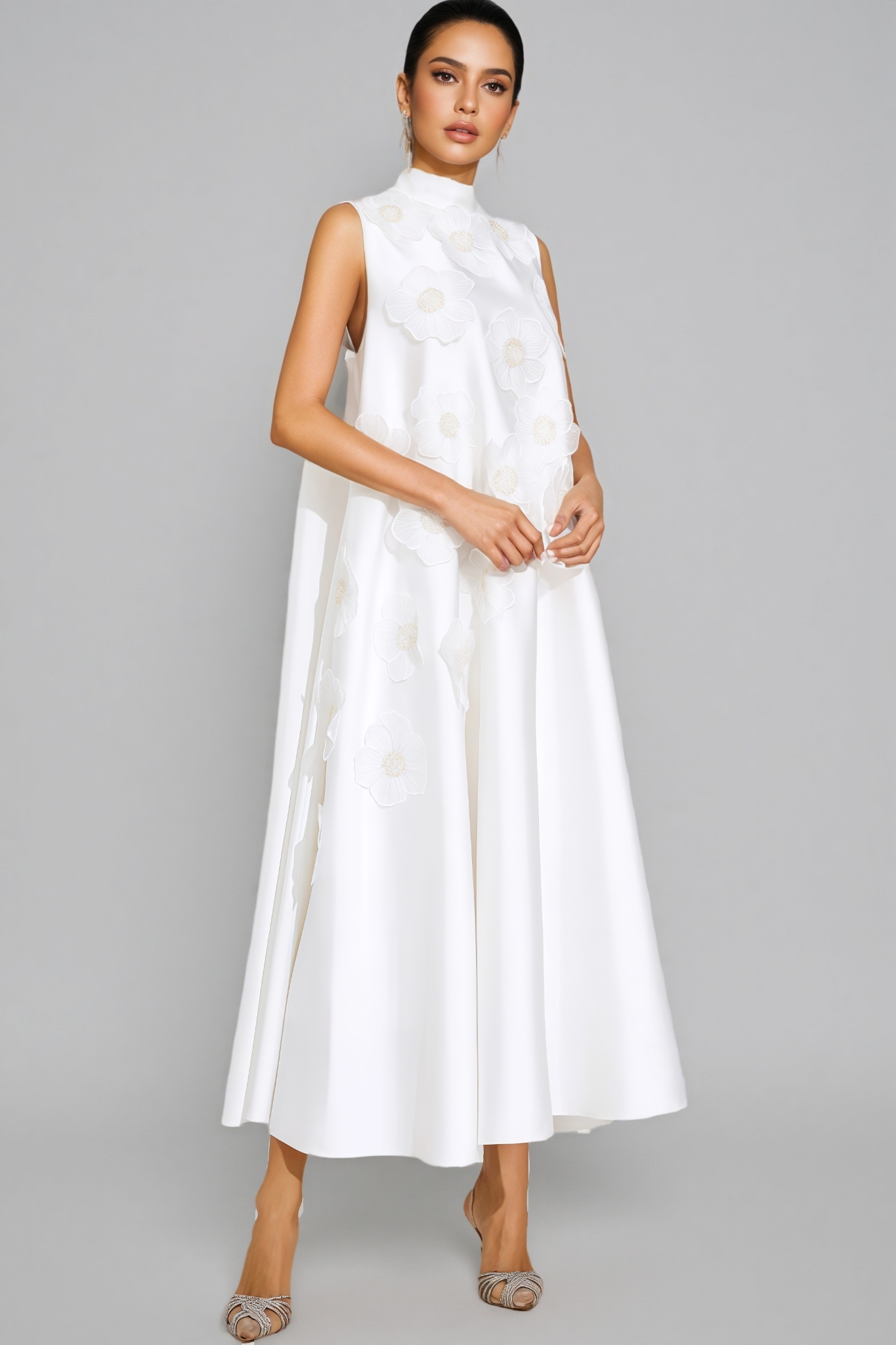 Jaxsty White Flowers Sleeveless Maxi Dress