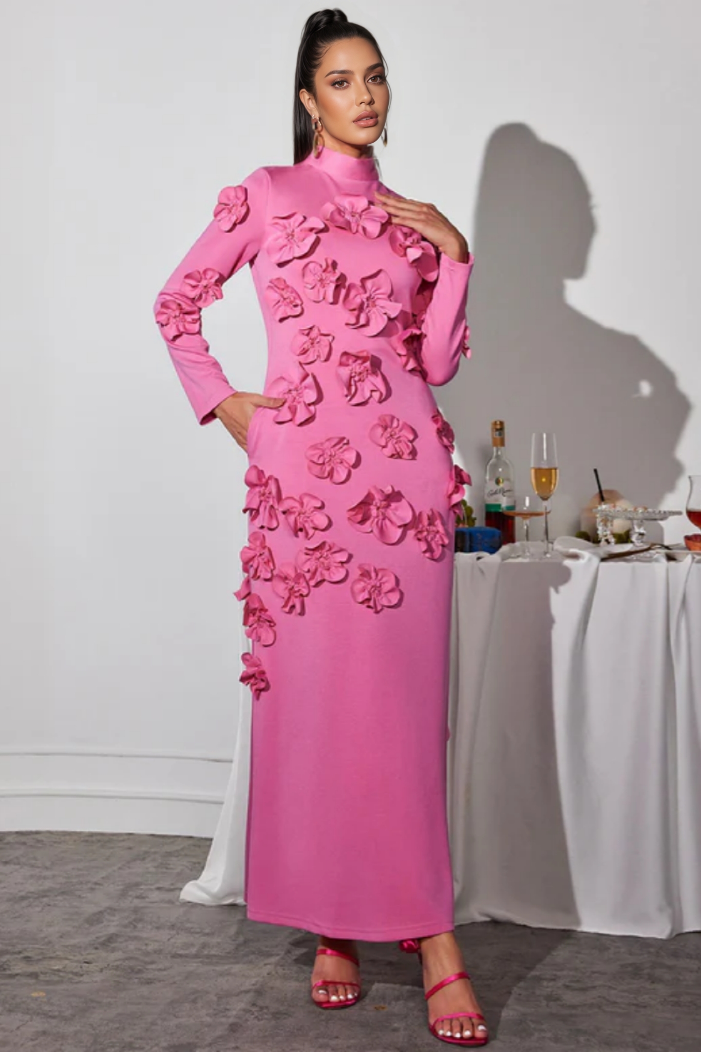 Halcyon Pink Flower Embellished Long Sleeves Maxi Dress