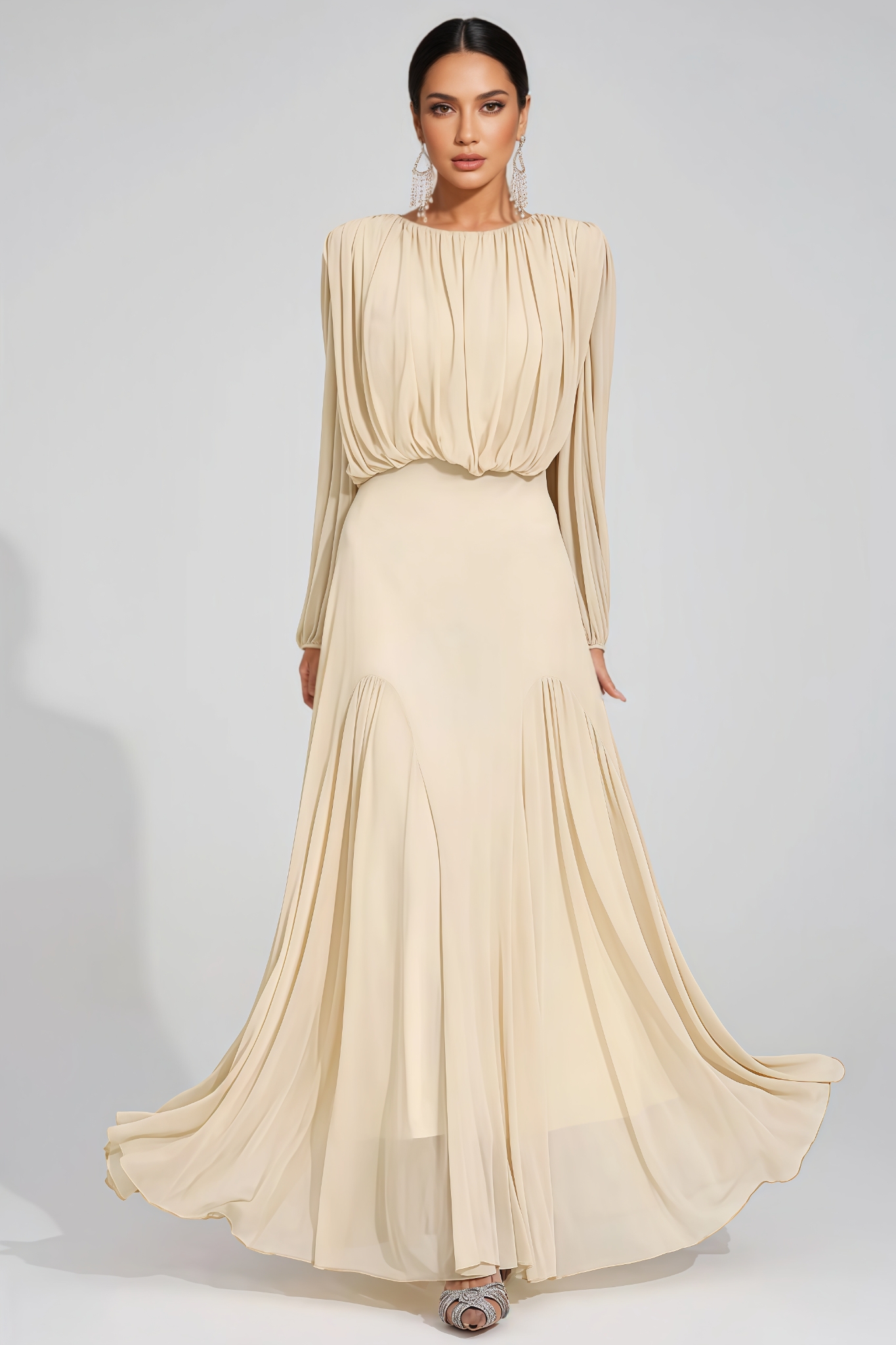 Clara Round-Neck Pleated Maxi Dress