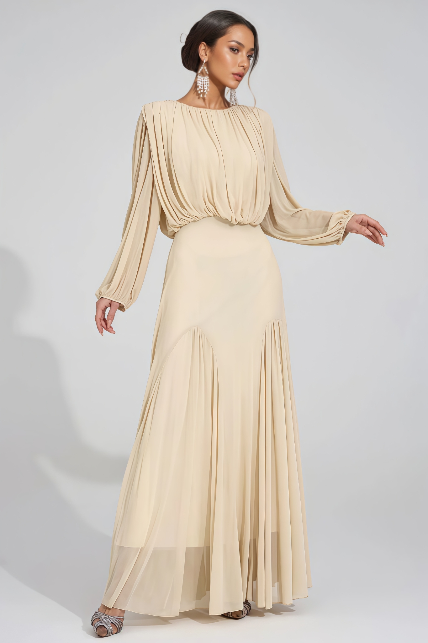 Clara Round-Neck Pleated Maxi Dress