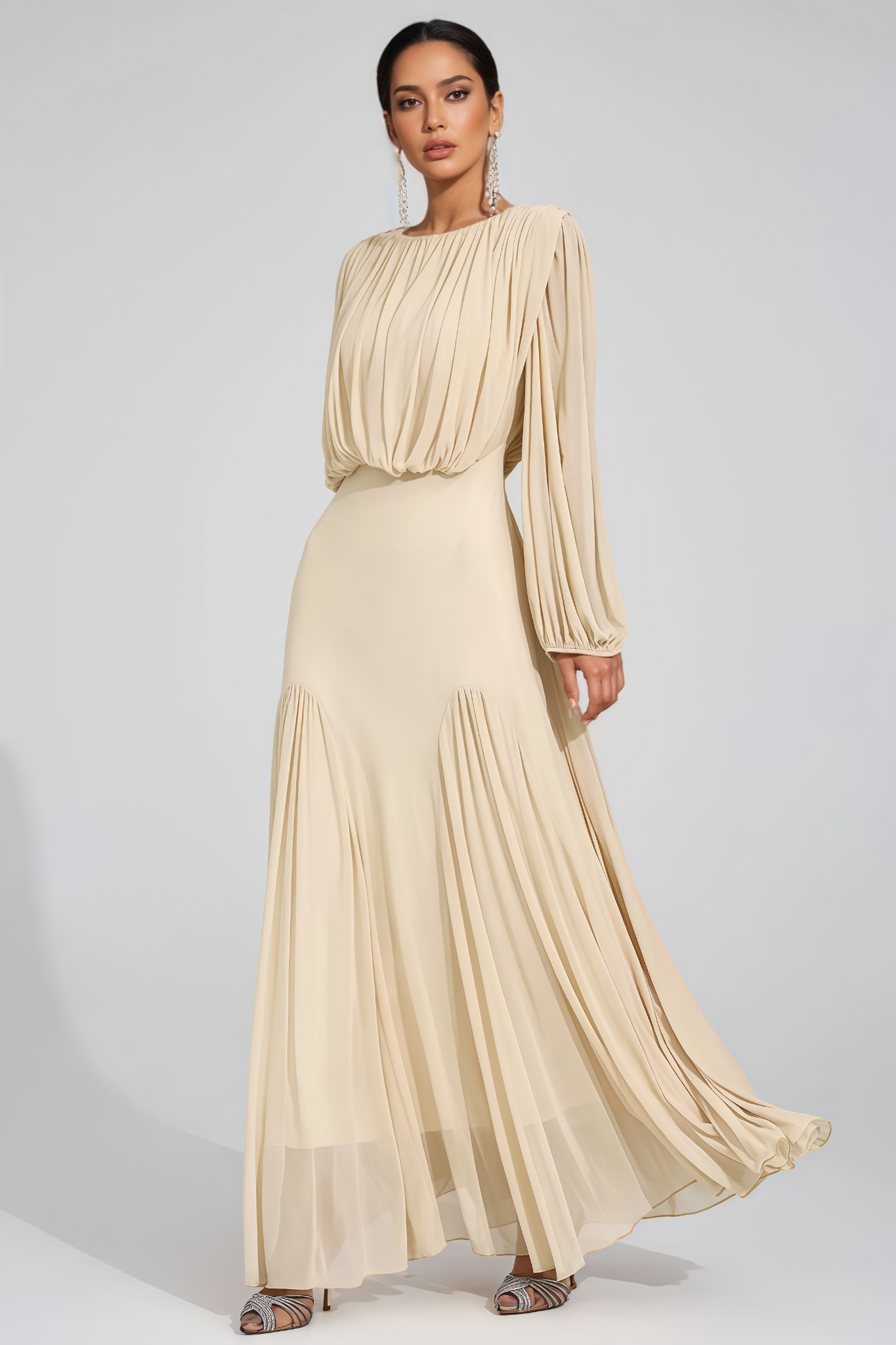 Clara Round-Neck Pleated Maxi Dress