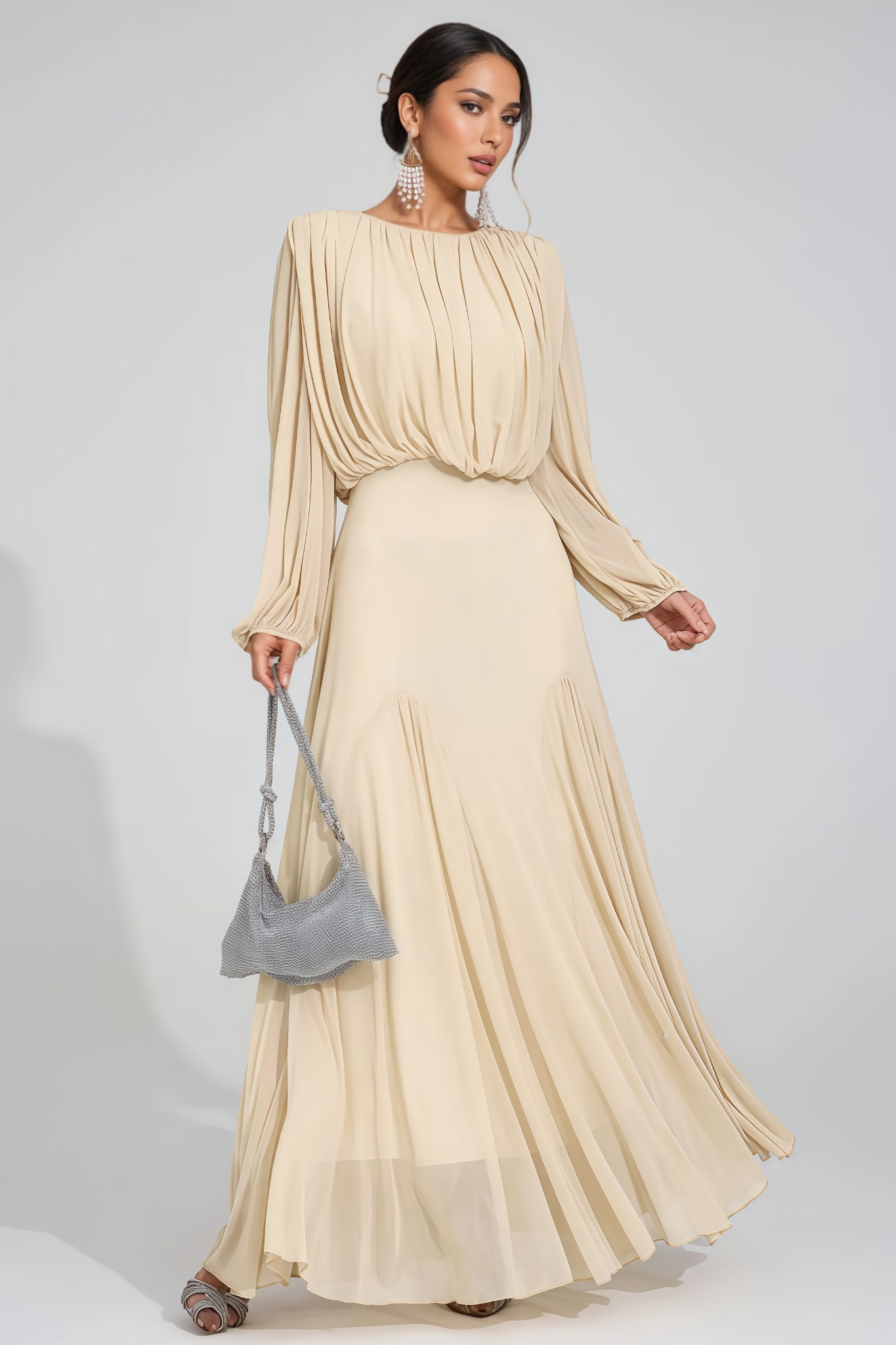 Clara Round-Neck Pleated Maxi Dress