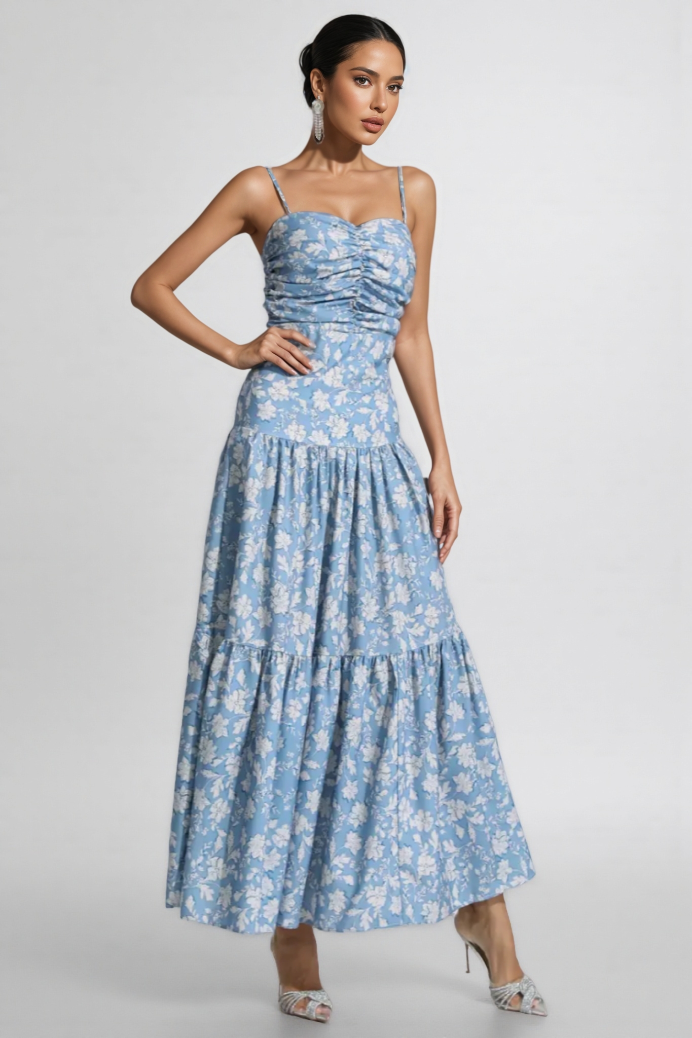 Corek Blue Floral Ruched Slip Maxi Dress