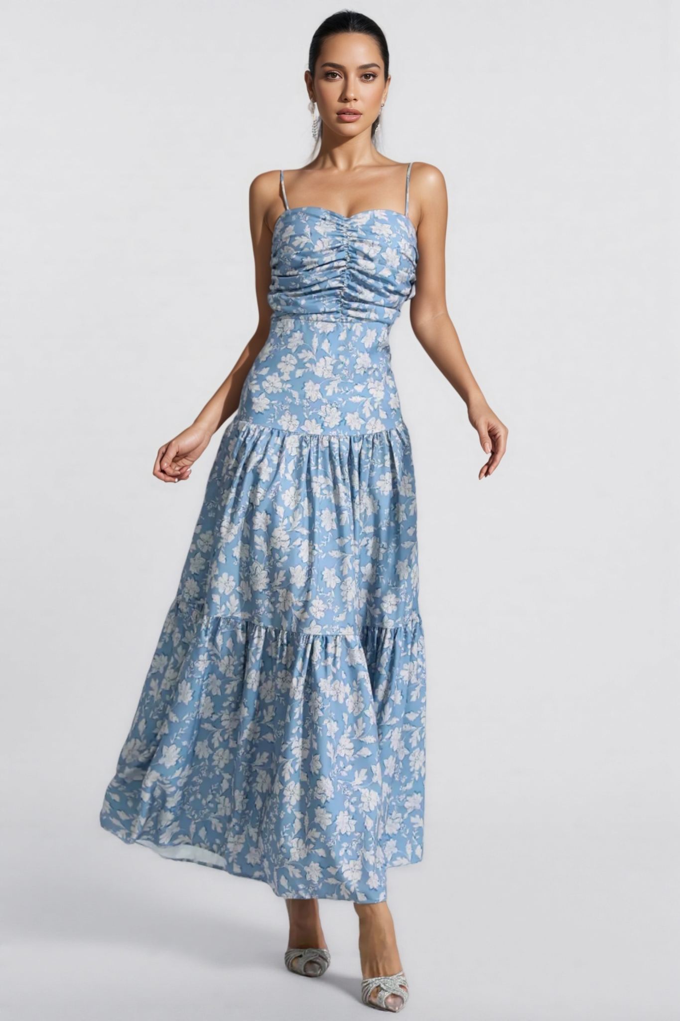Corek Blue Floral Ruched Slip Maxi Dress