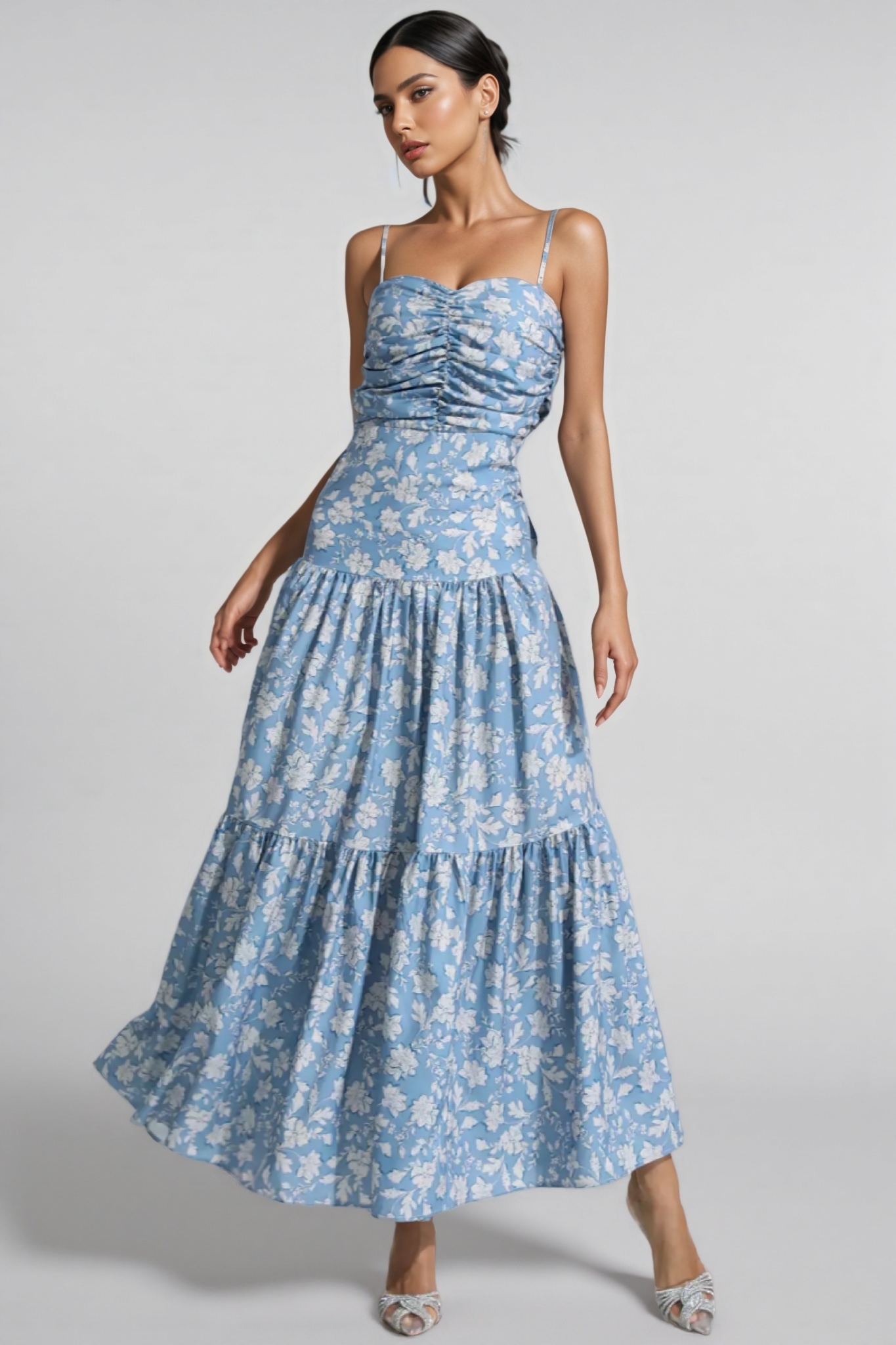 Corek Blue Floral Ruched Slip Maxi Dress