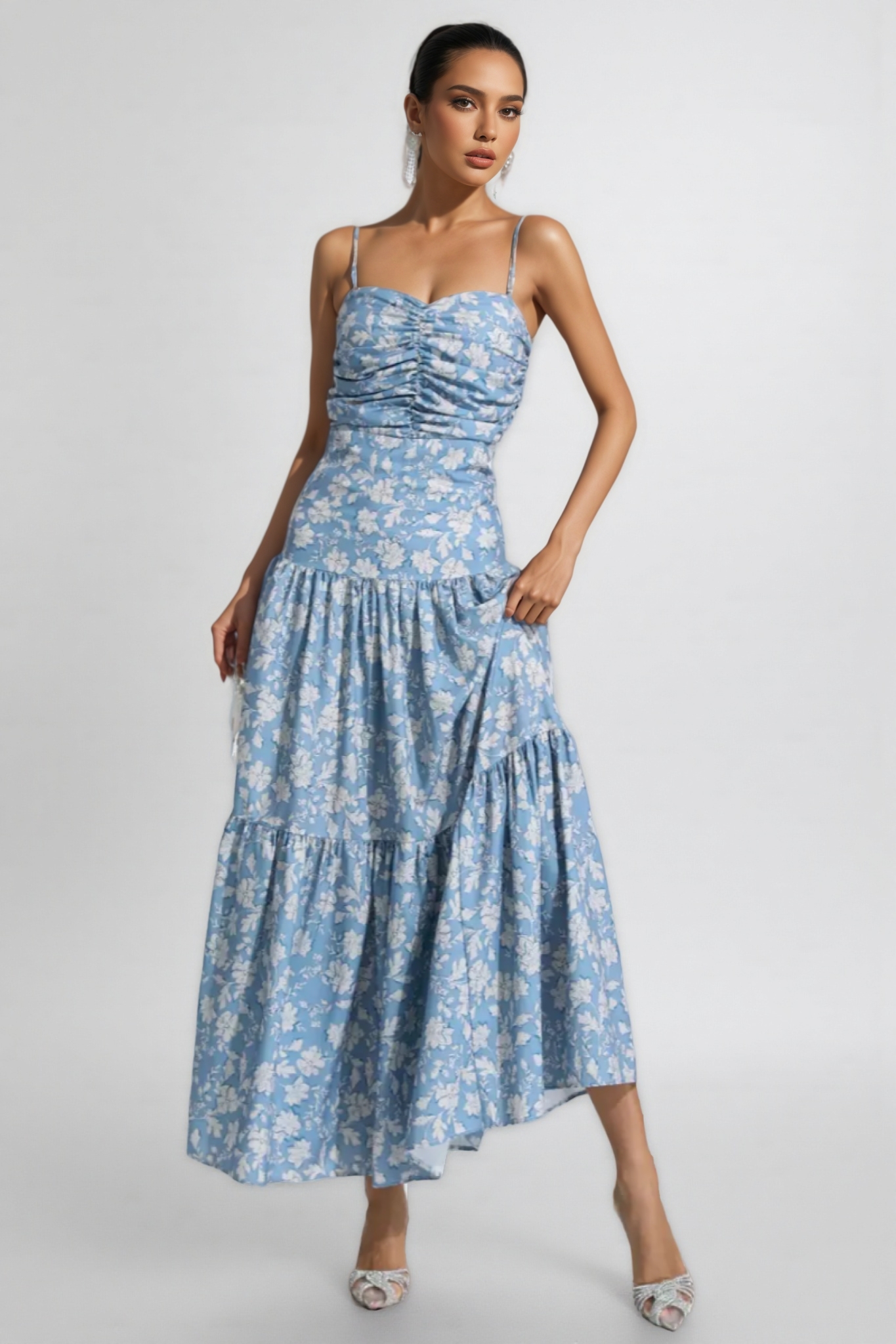 Corek Blue Floral Ruched Slip Maxi Dress
