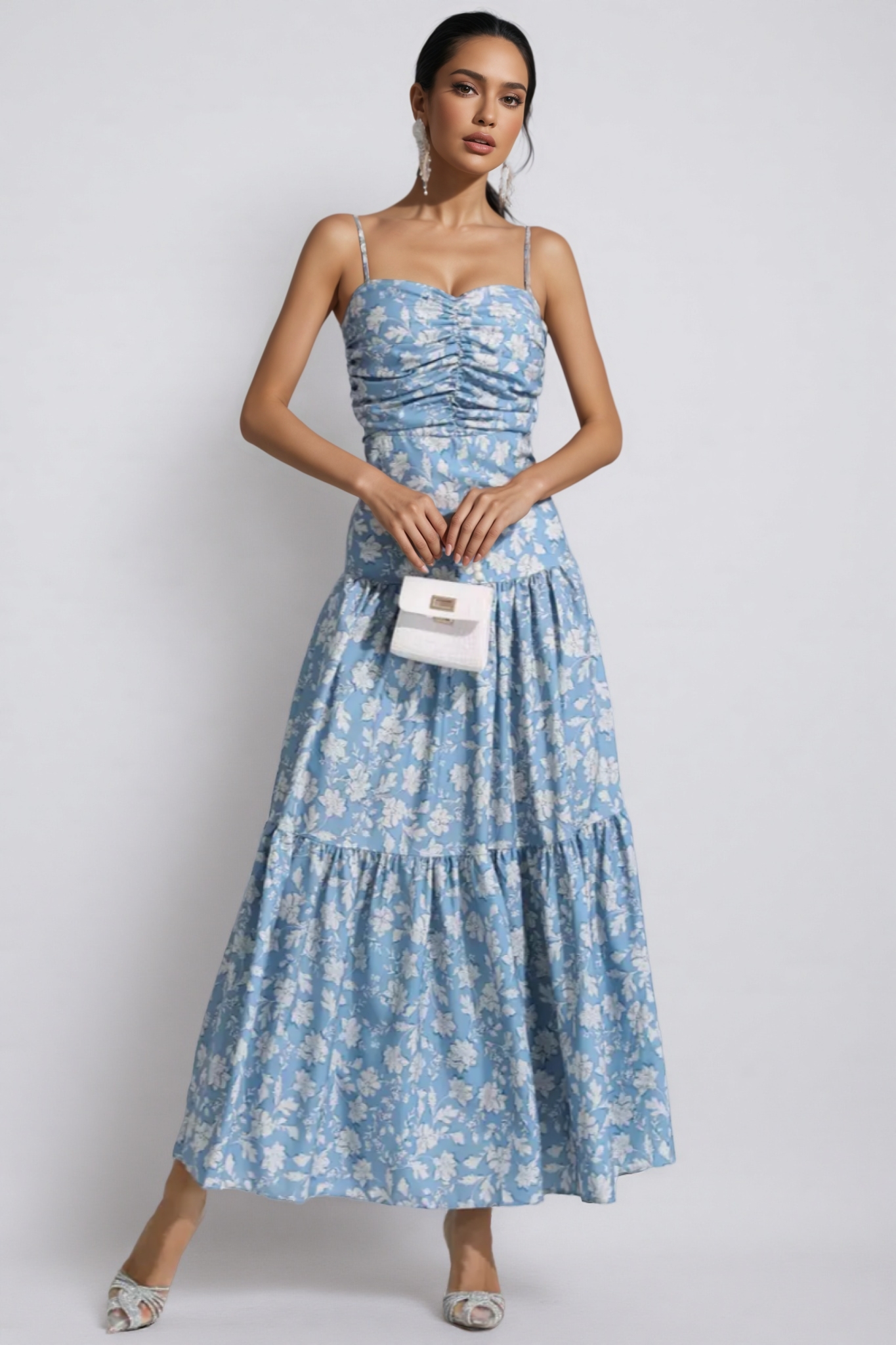 Corek Blue Floral Ruched Slip Maxi Dress
