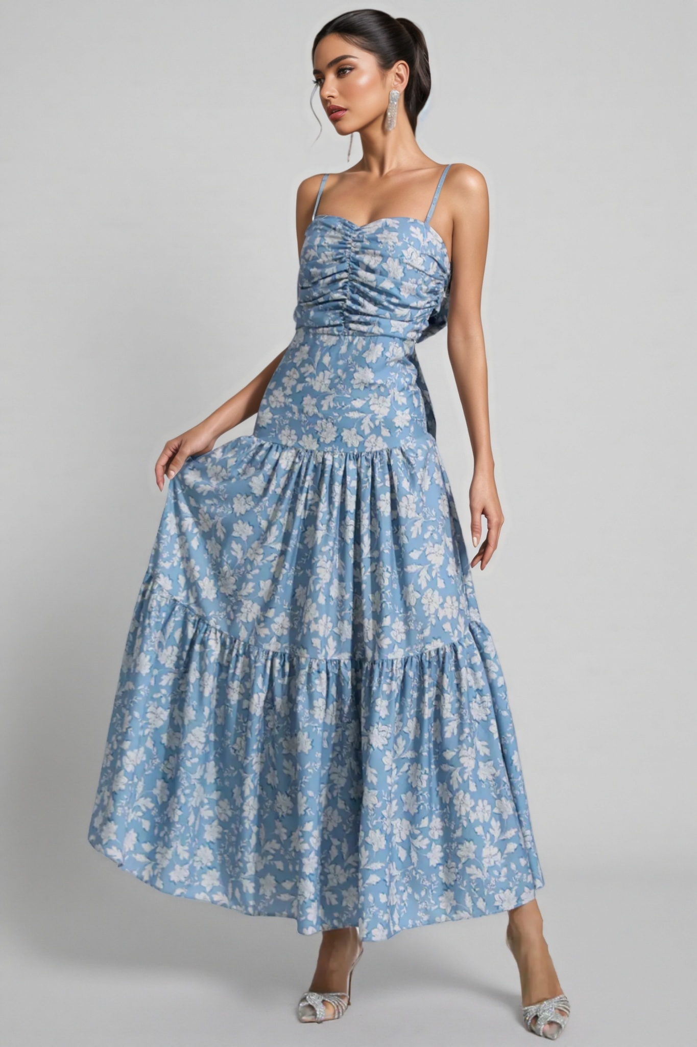Corek Blue Floral Ruched Slip Maxi Dress