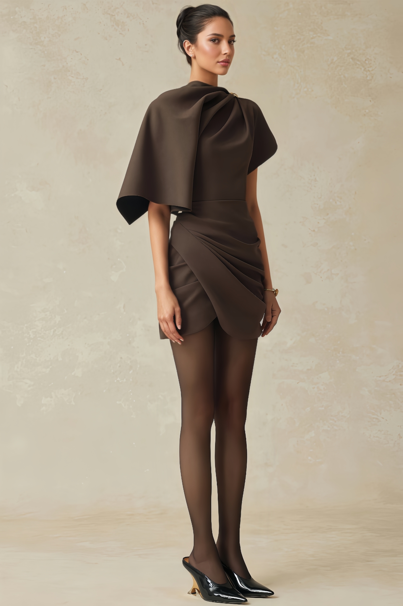 Qearl Asymmetric Sleeve Draped Mini Dress