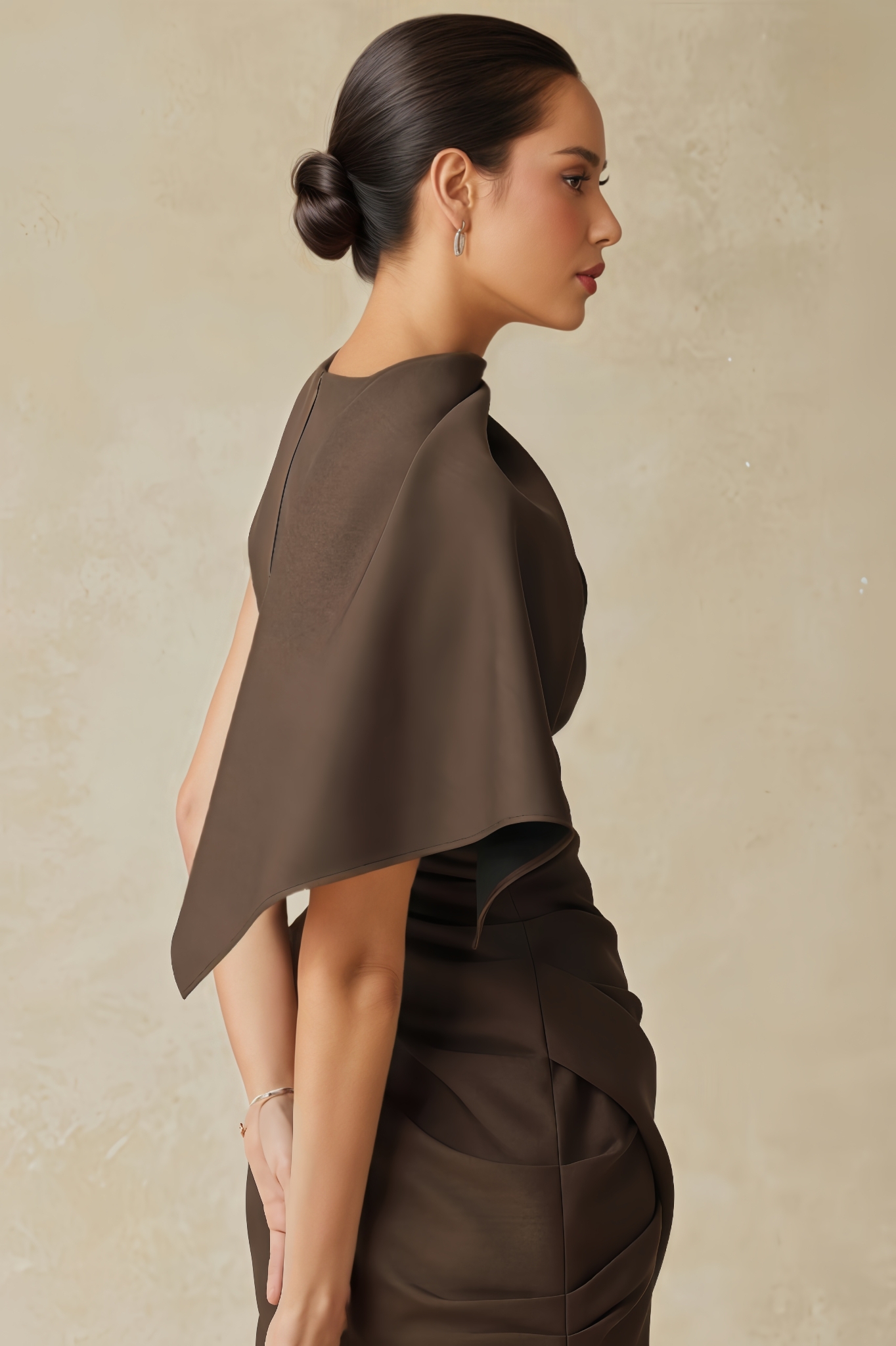 Qearl Asymmetric Sleeve Draped Mini Dress