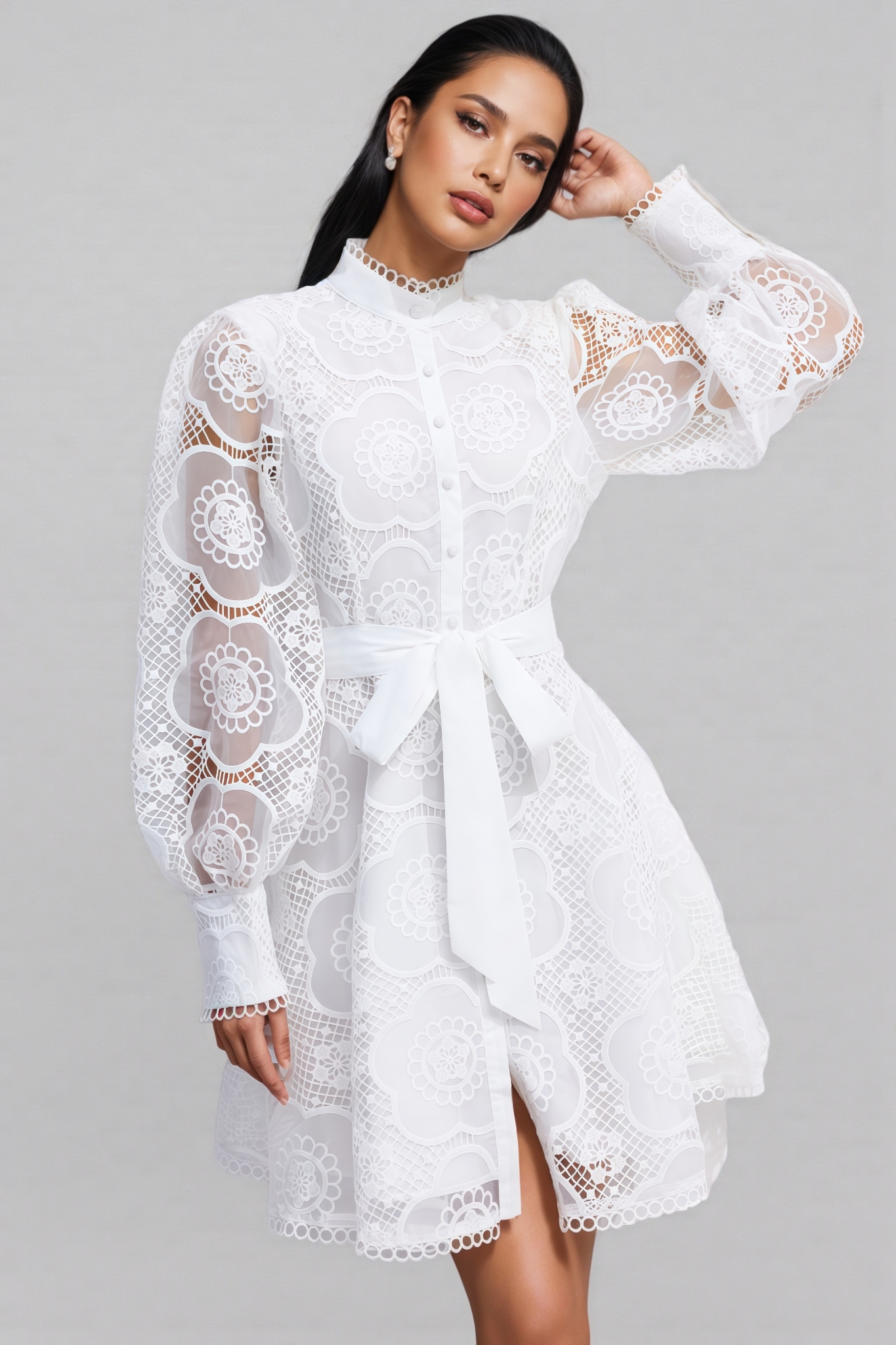 Alice Floral Lace Lantern Sleeve Mini Dress