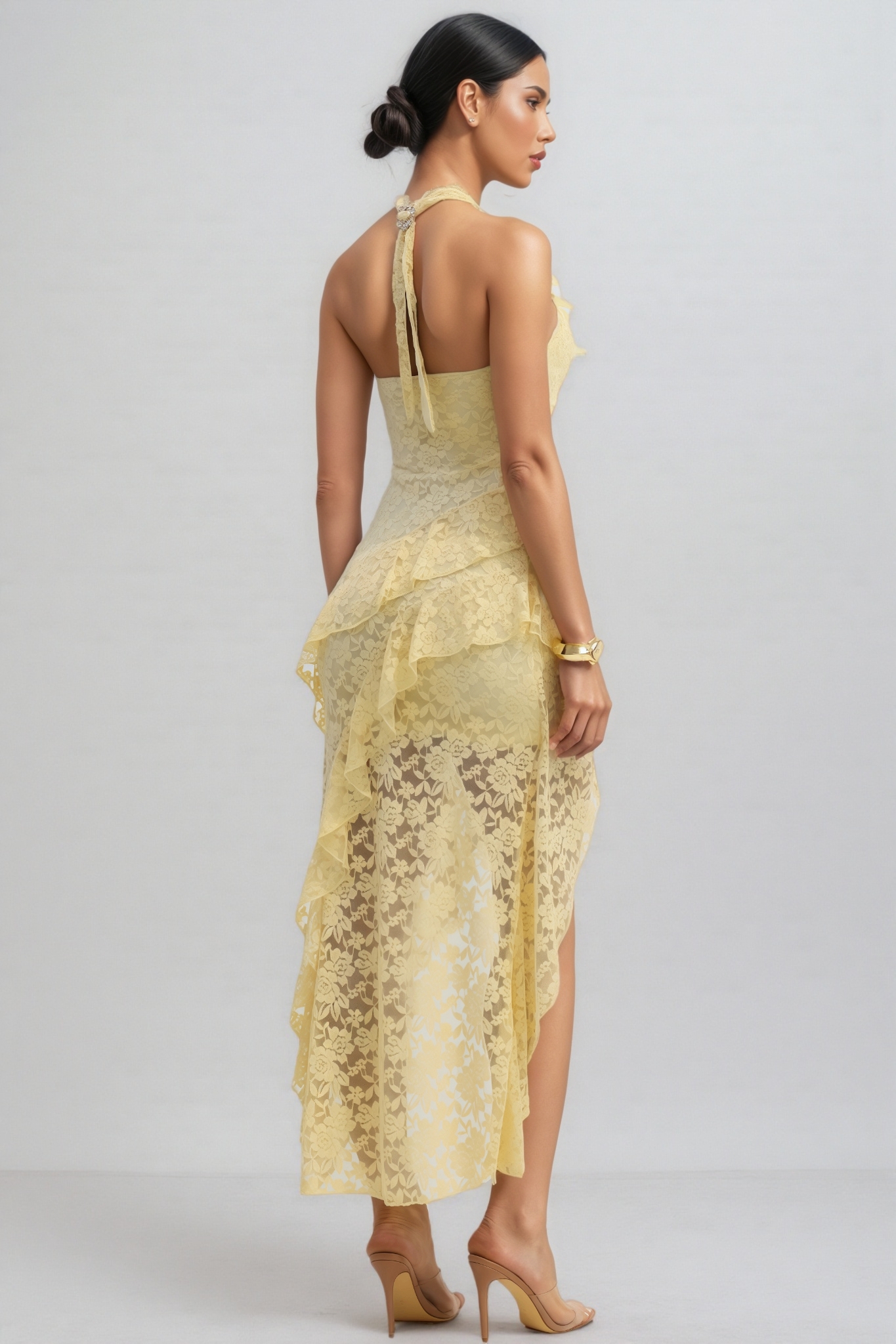 Quillrt Yellow Backless Lace Mesh Midi Dress