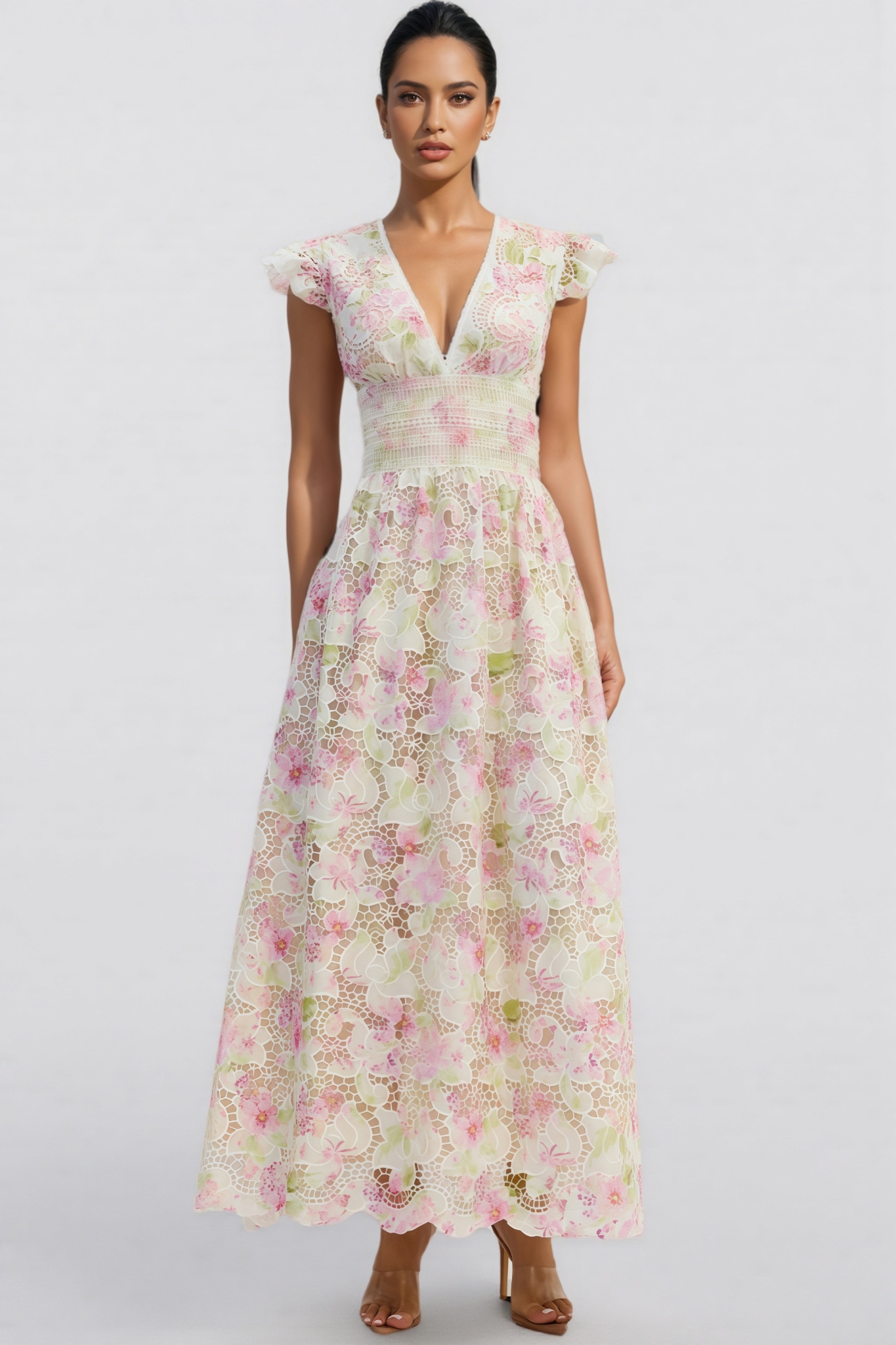 Jorjal V-Neck Embroidered Hollow-Out Maxi Dress